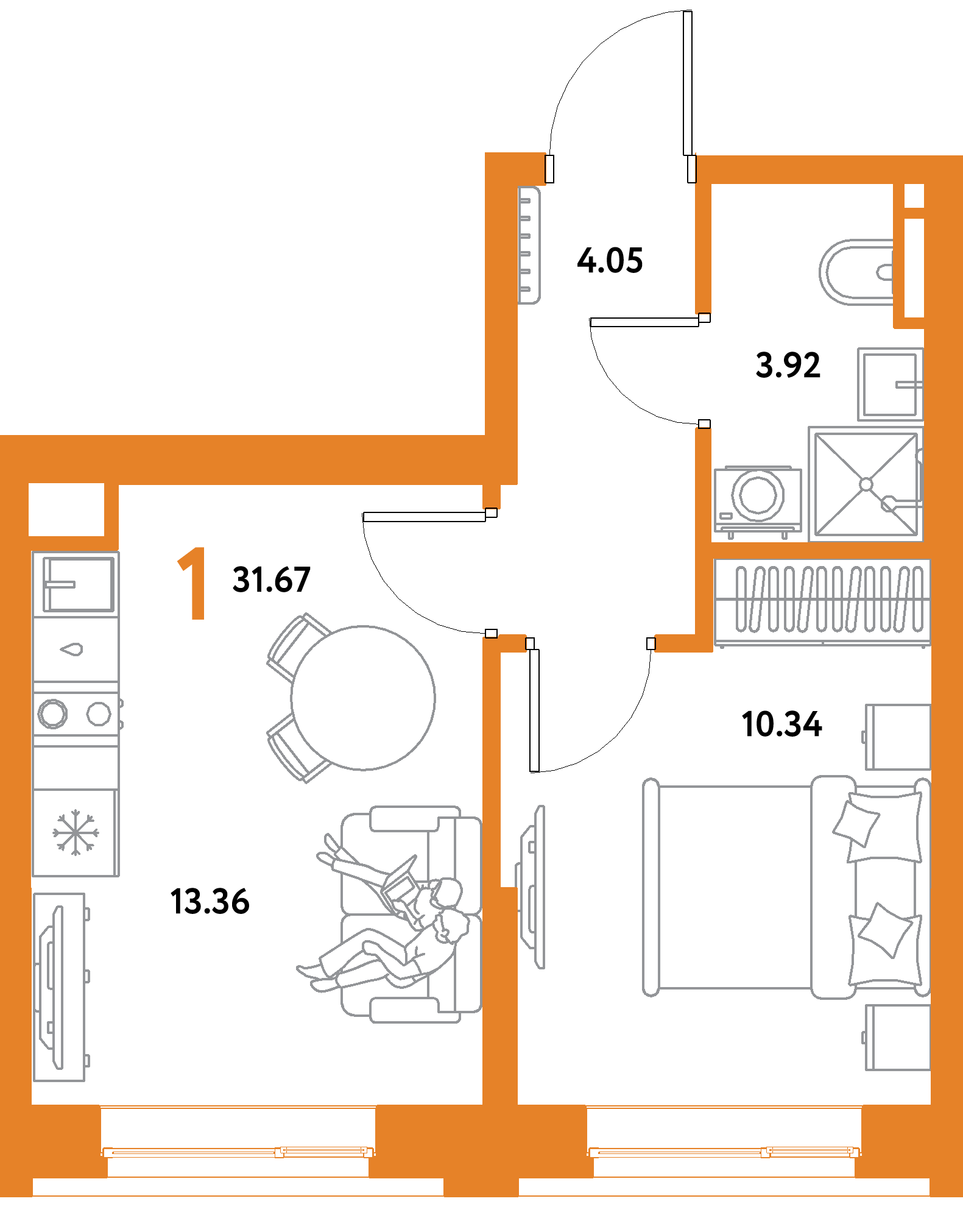 Планировка: 1-комнатная 31,67 м² в ЖК «Остров-сад»