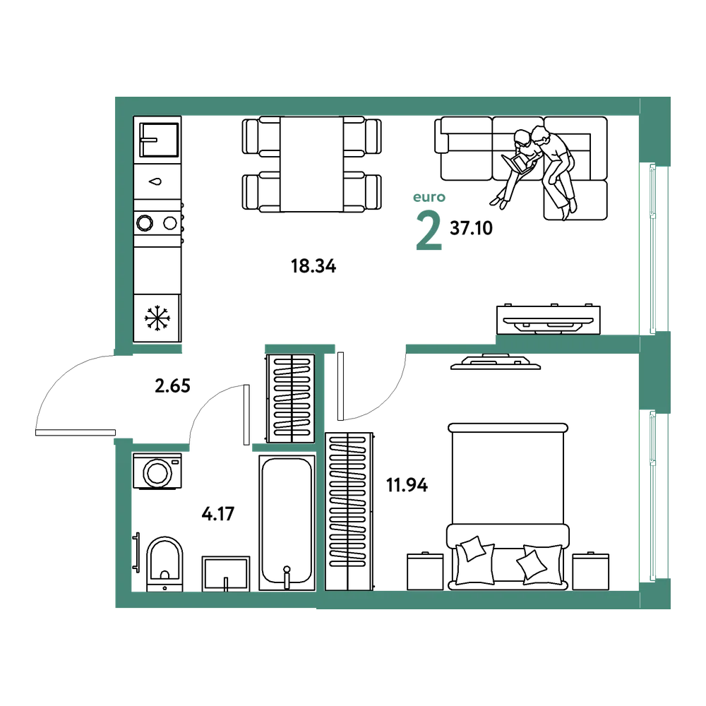 Планировка: Евродвушка 37,1 м²