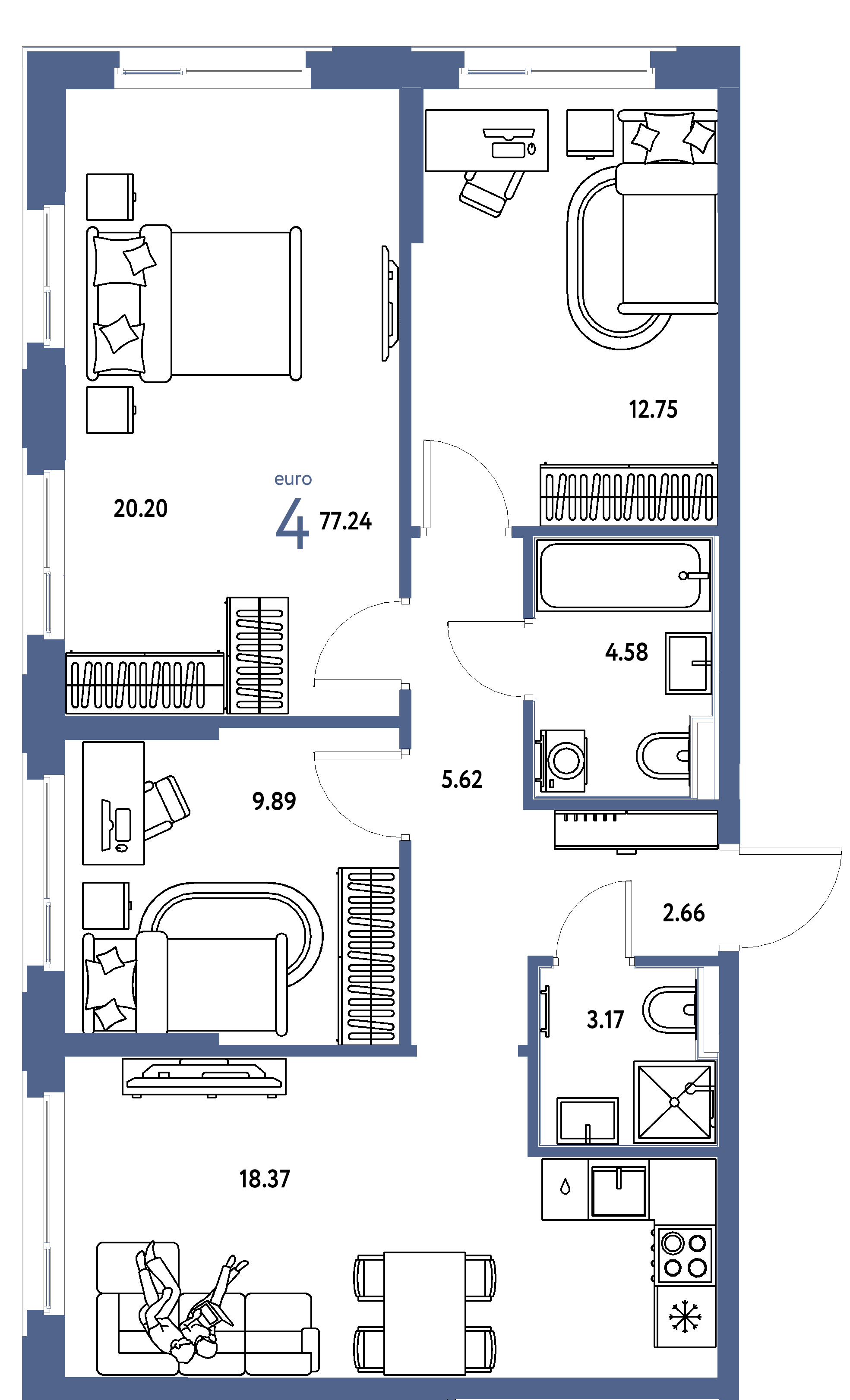 Планировка: Евро-4 77,24 м² в ЖК «Сердце Сибири»