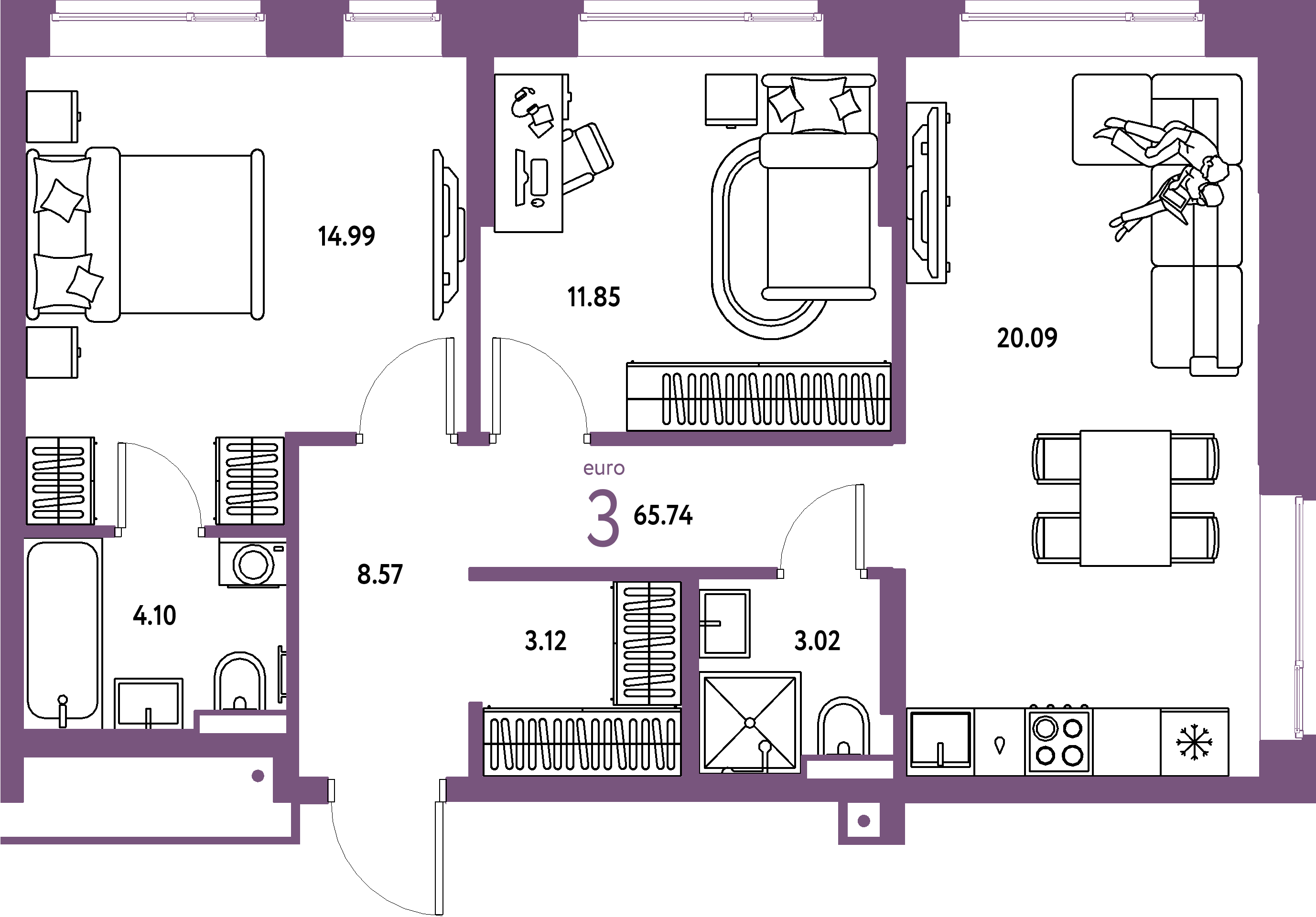 Планировка: Евротрёшка 65,74 м² в ЖК «Авторский»