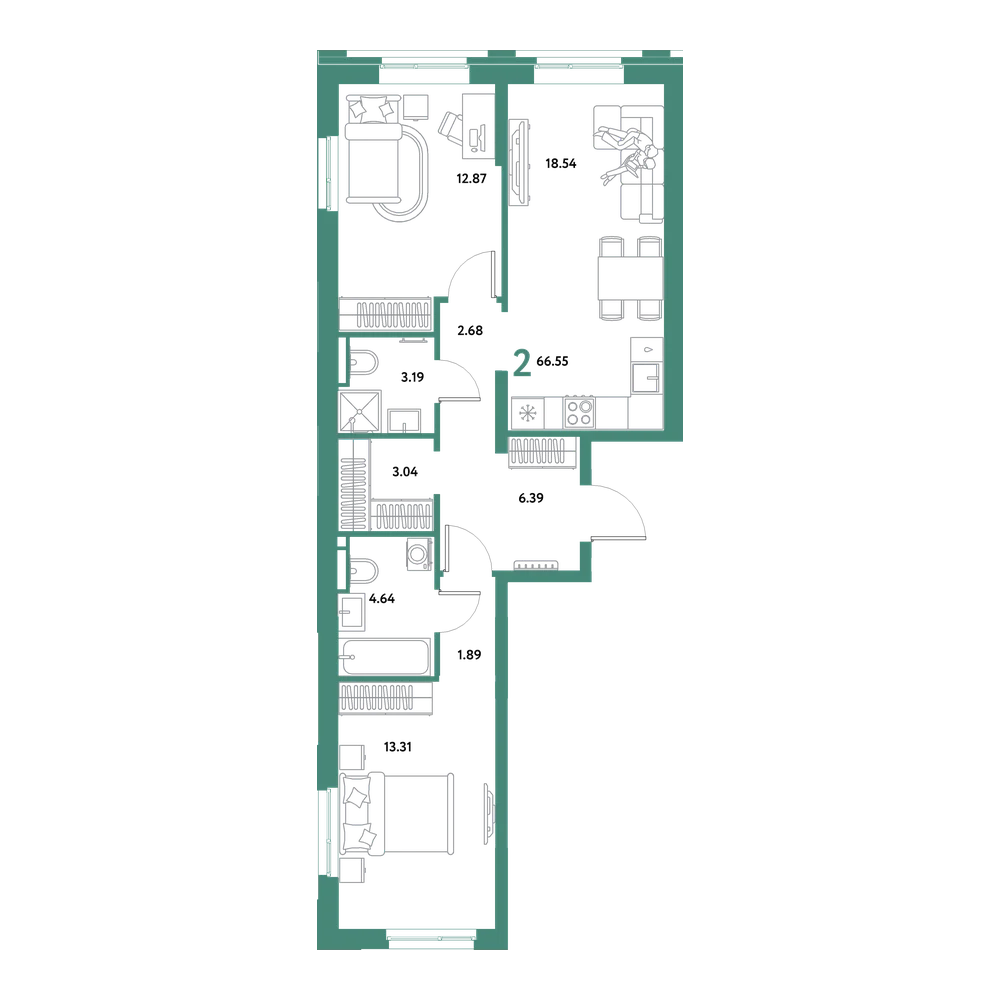 Планировка: Евродвушка 66,55 м²