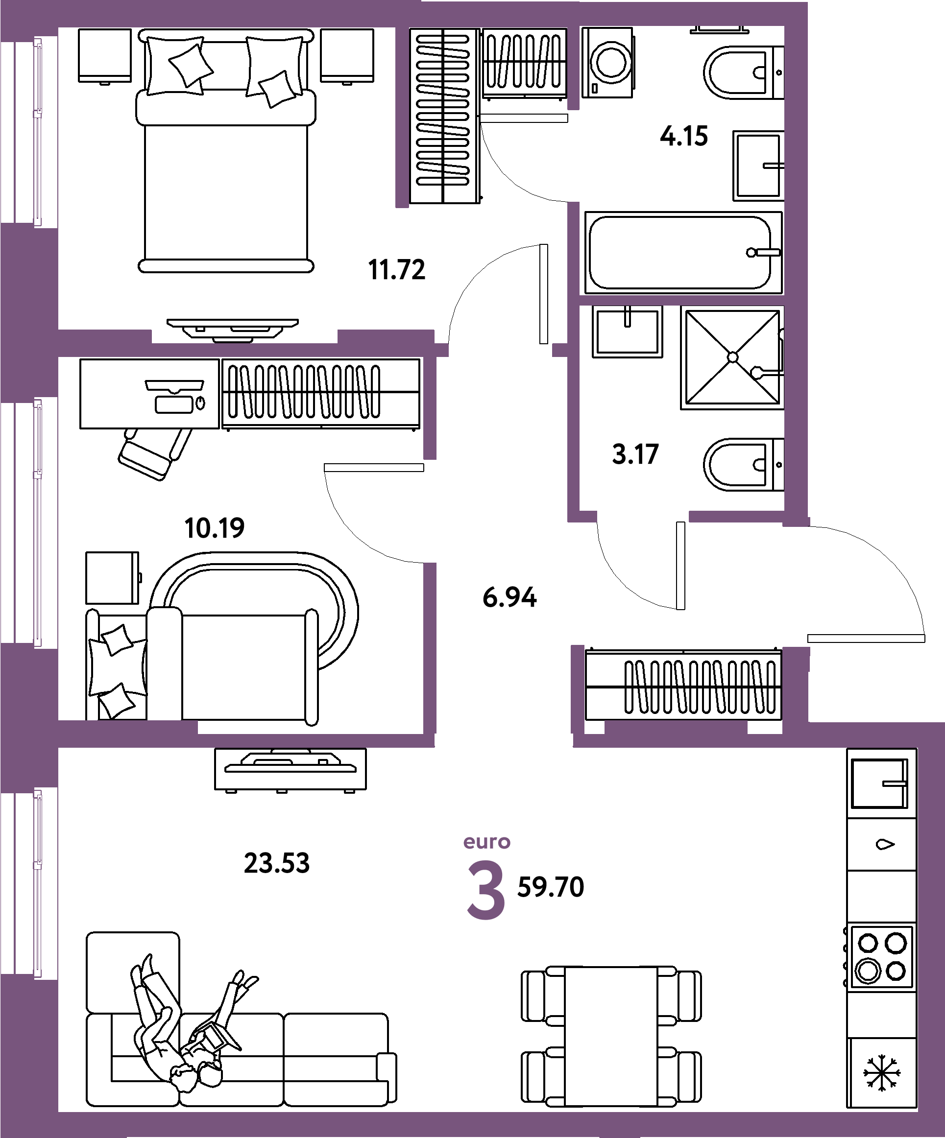 Планировка: Евротрёшка 59,7 м² в ЖК «Европейский берег 2.0»