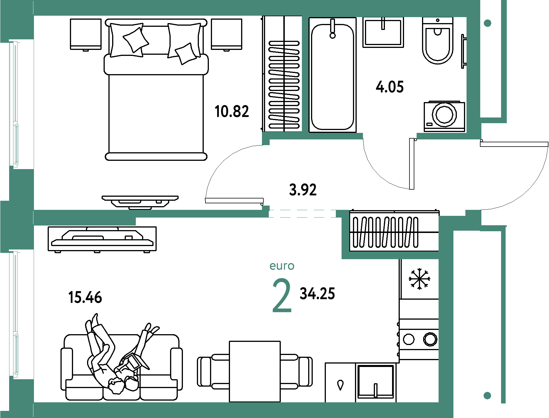 Планировка: Евродвушка 34,25 м² в ЖК «Домашний»