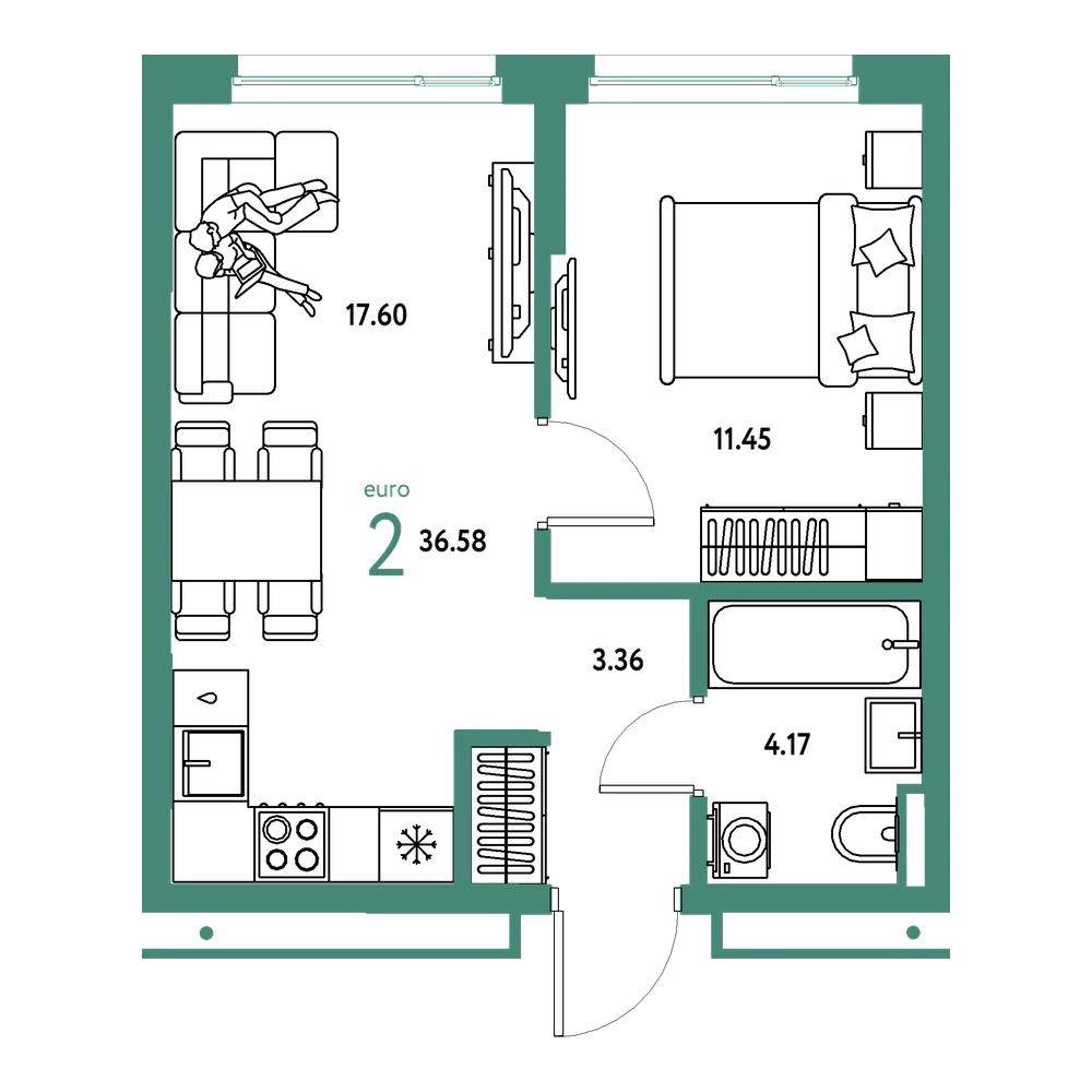 Планировка: Евродвушка 36,58 м²