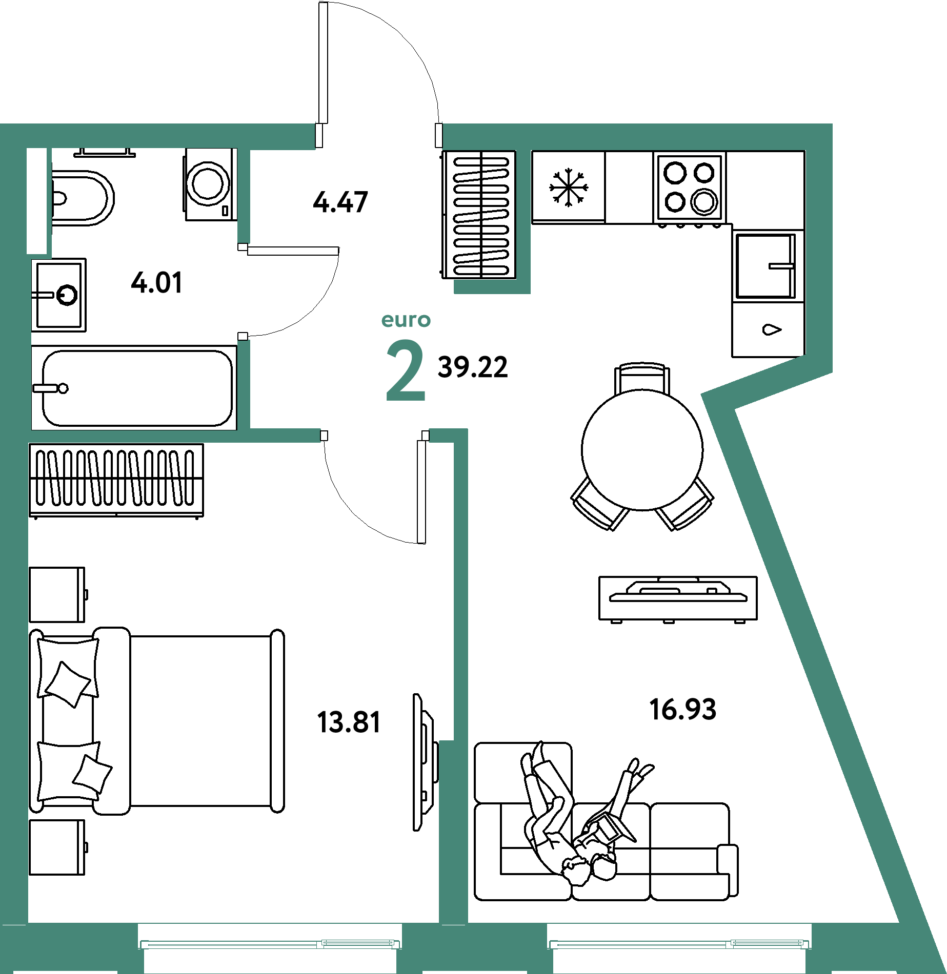 Планировка: Евродвушка 39,31 м² в ЖК «Авторский»
