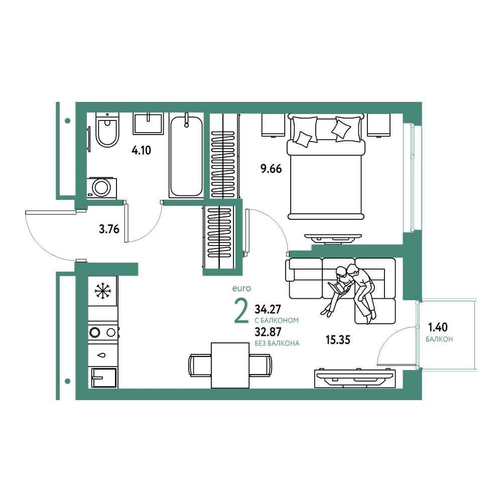 Планировка: Евродвушка 34,27 м²