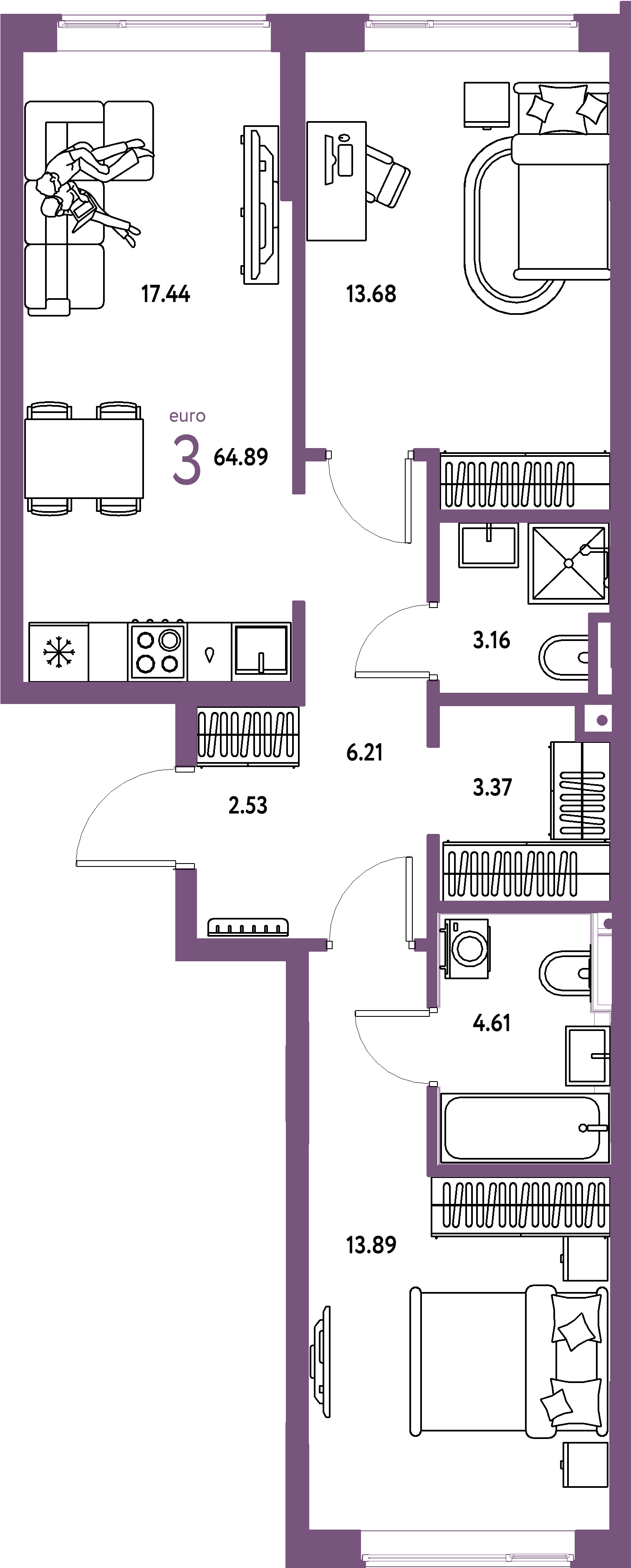 Планировка: Евротрёшка 64,9 м² в ЖК «Остров-сад»