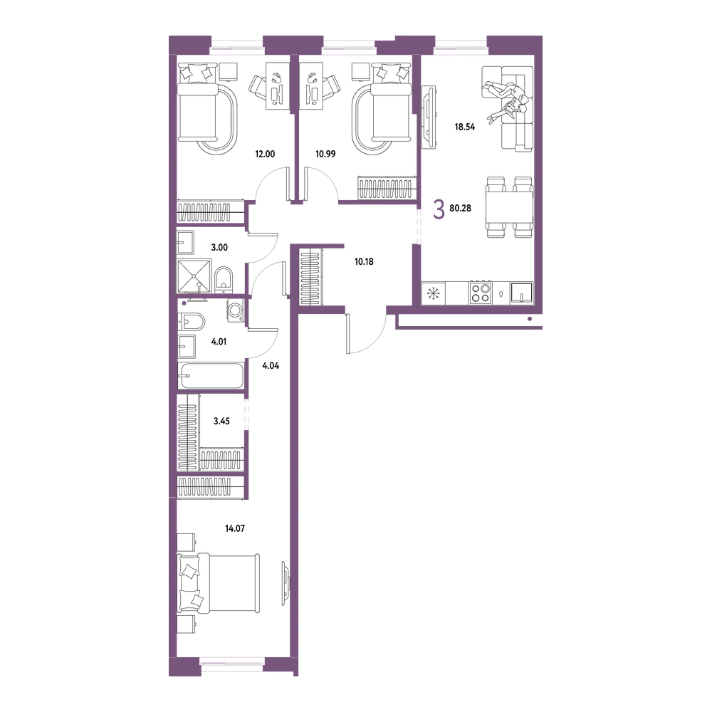 Планировка: 3-комнатная 80,28 м²