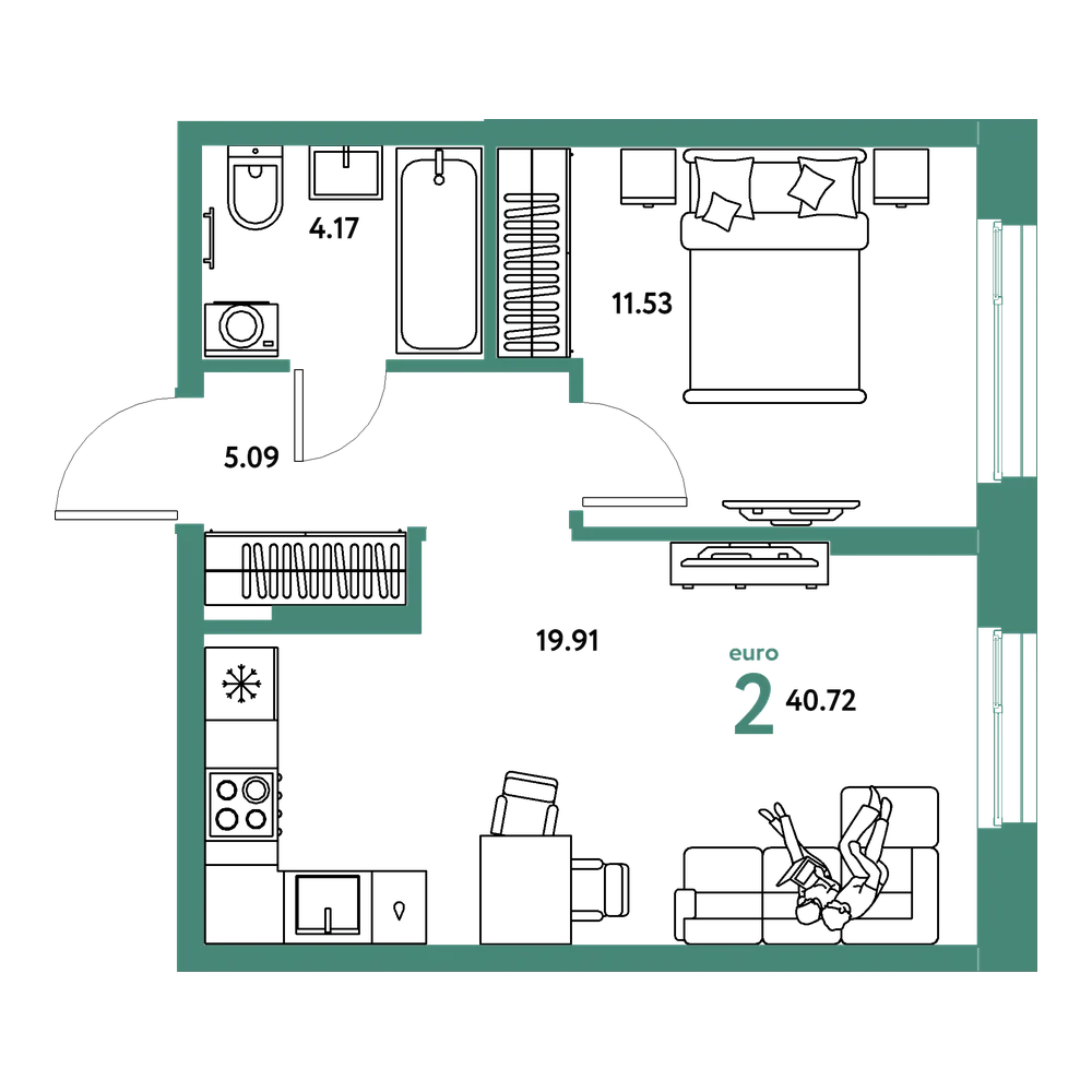 Планировка: Евродвушка 40,72 м²