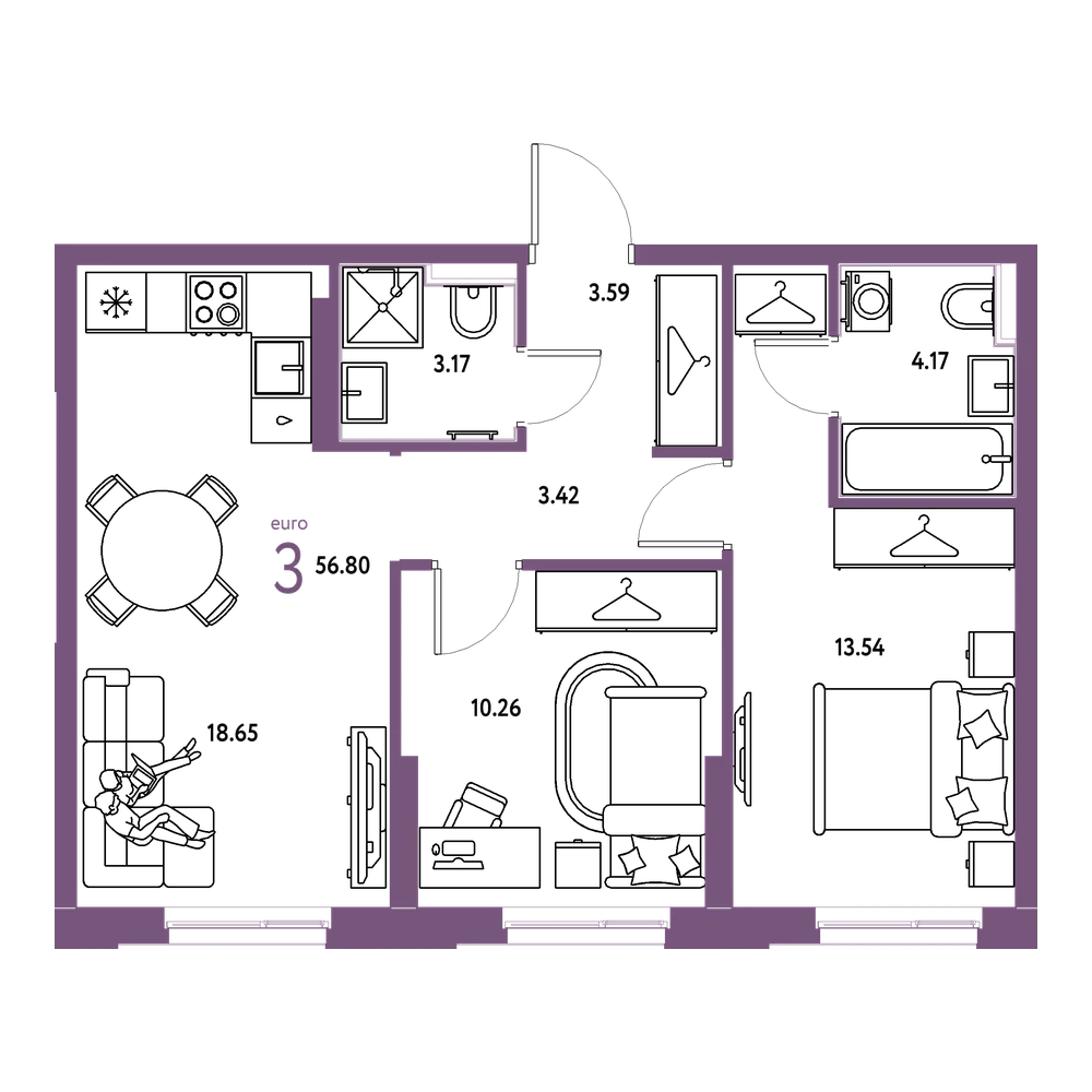 Планировка: Евротрёшка 56,8 м²
