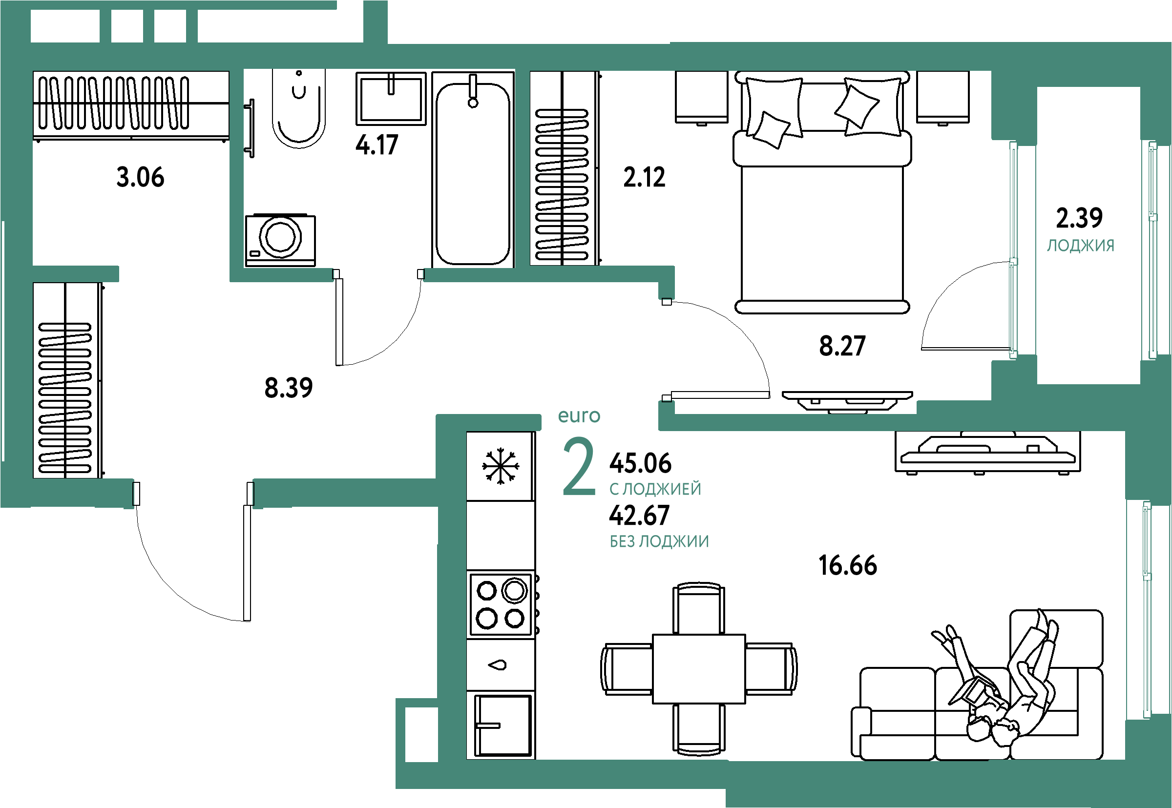 Планировка: Евродвушка 45,06 м² в ЖК «Домашний»