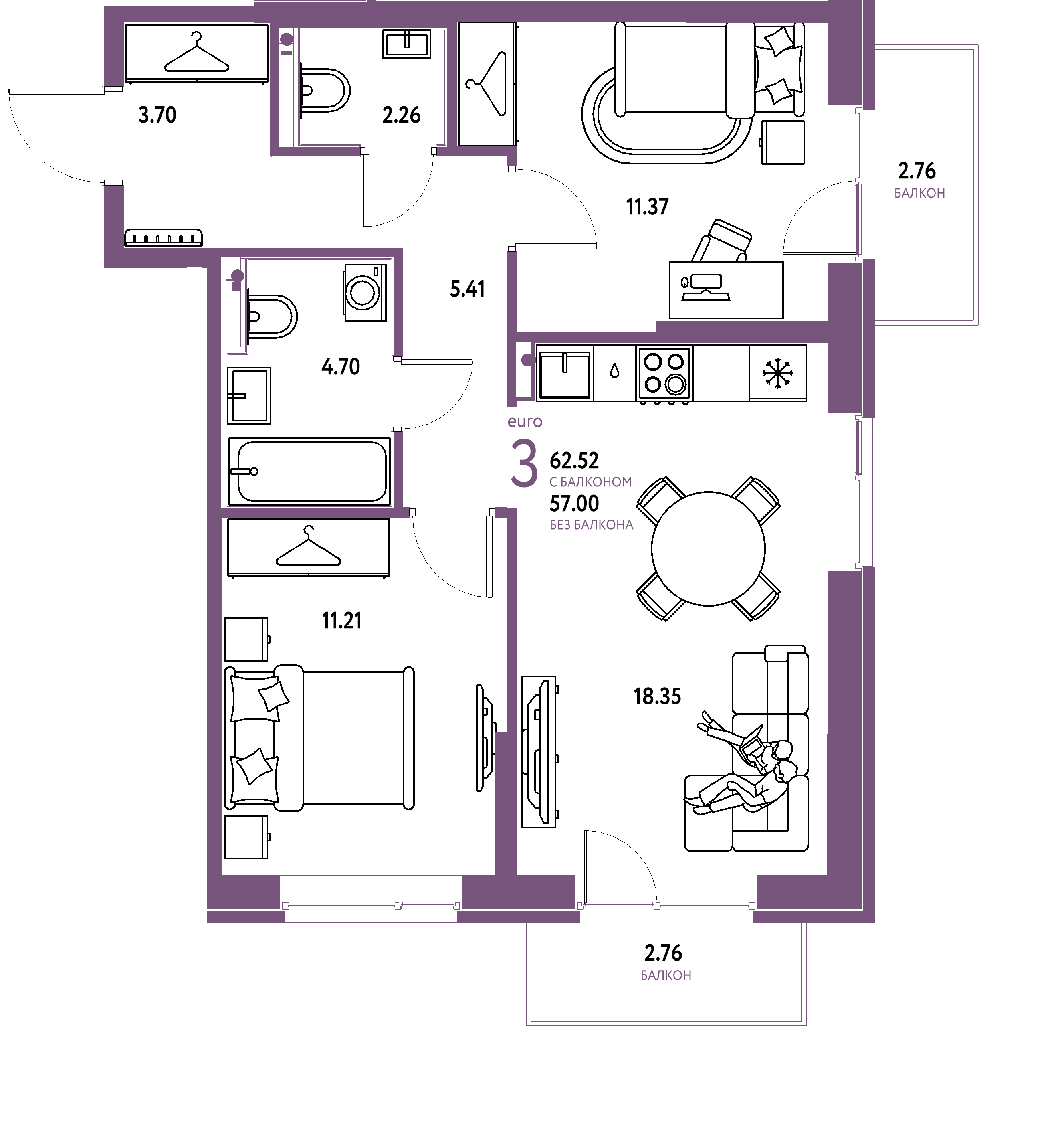 Планировка: Евротрёшка 62,52 м² в ЖК «Европейский берег 2.0»