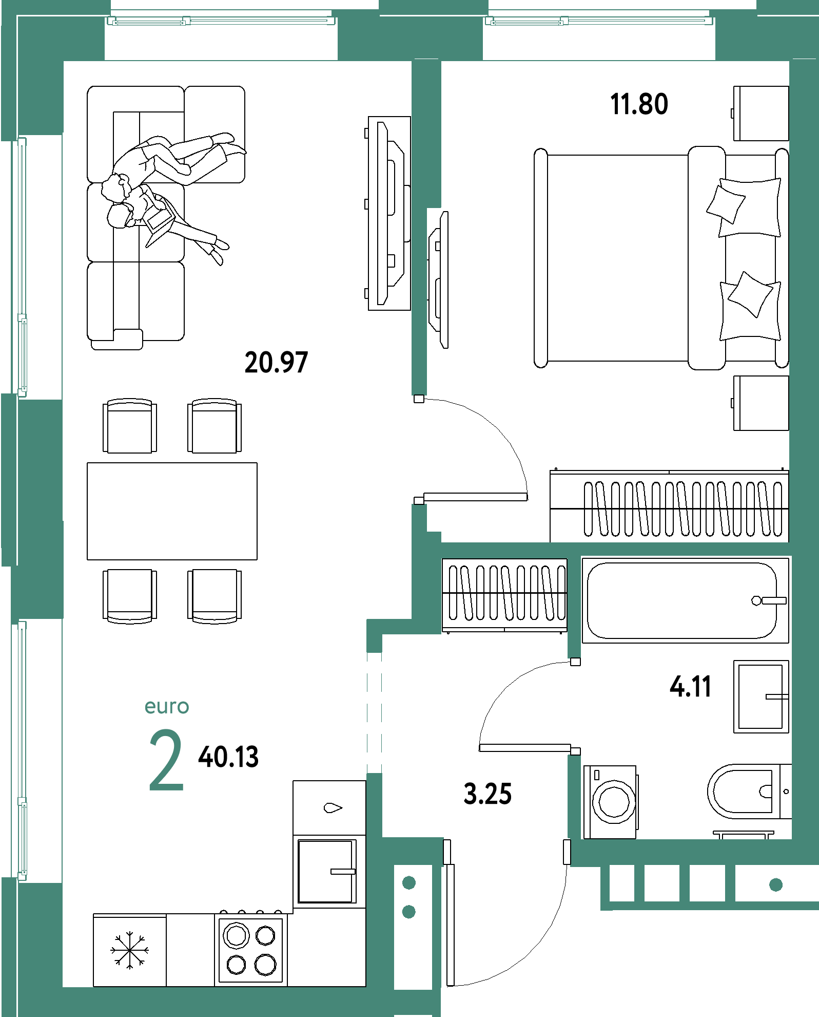 Планировка: Евродвушка 40,13 м² в ЖК «Домашний»