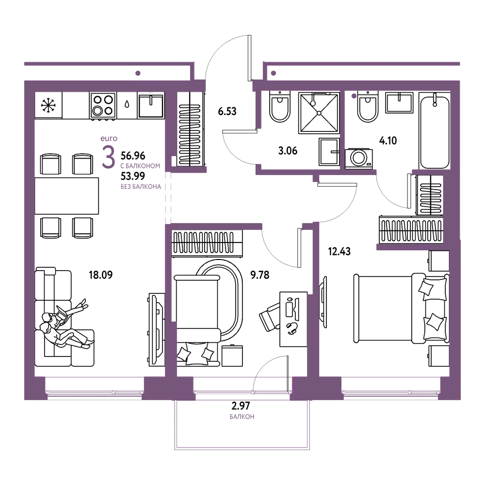 Планировка: Евротрёшка 56,96 м²