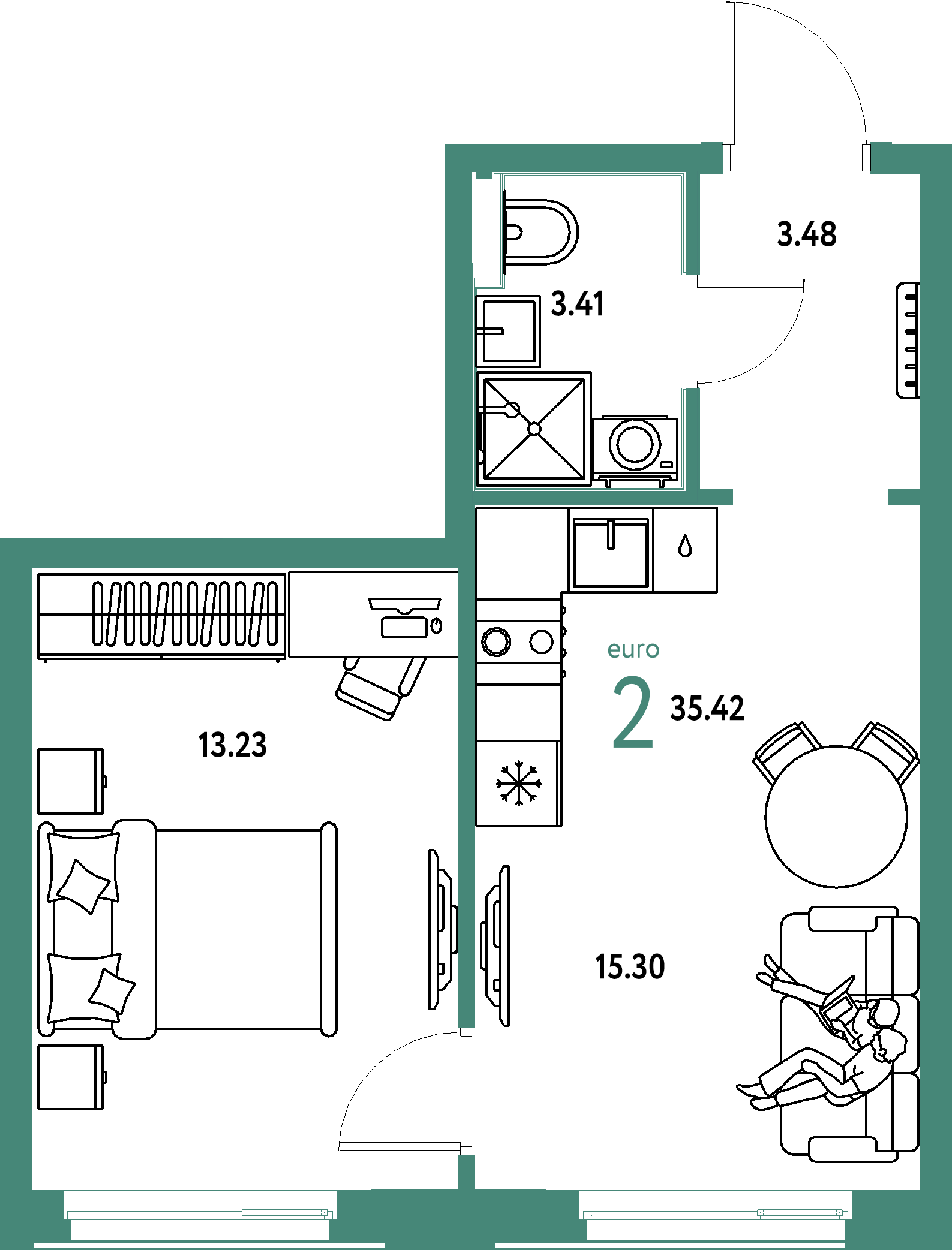 Планировка: Евродвушка 35,42 м² в ЖК «Домашний»