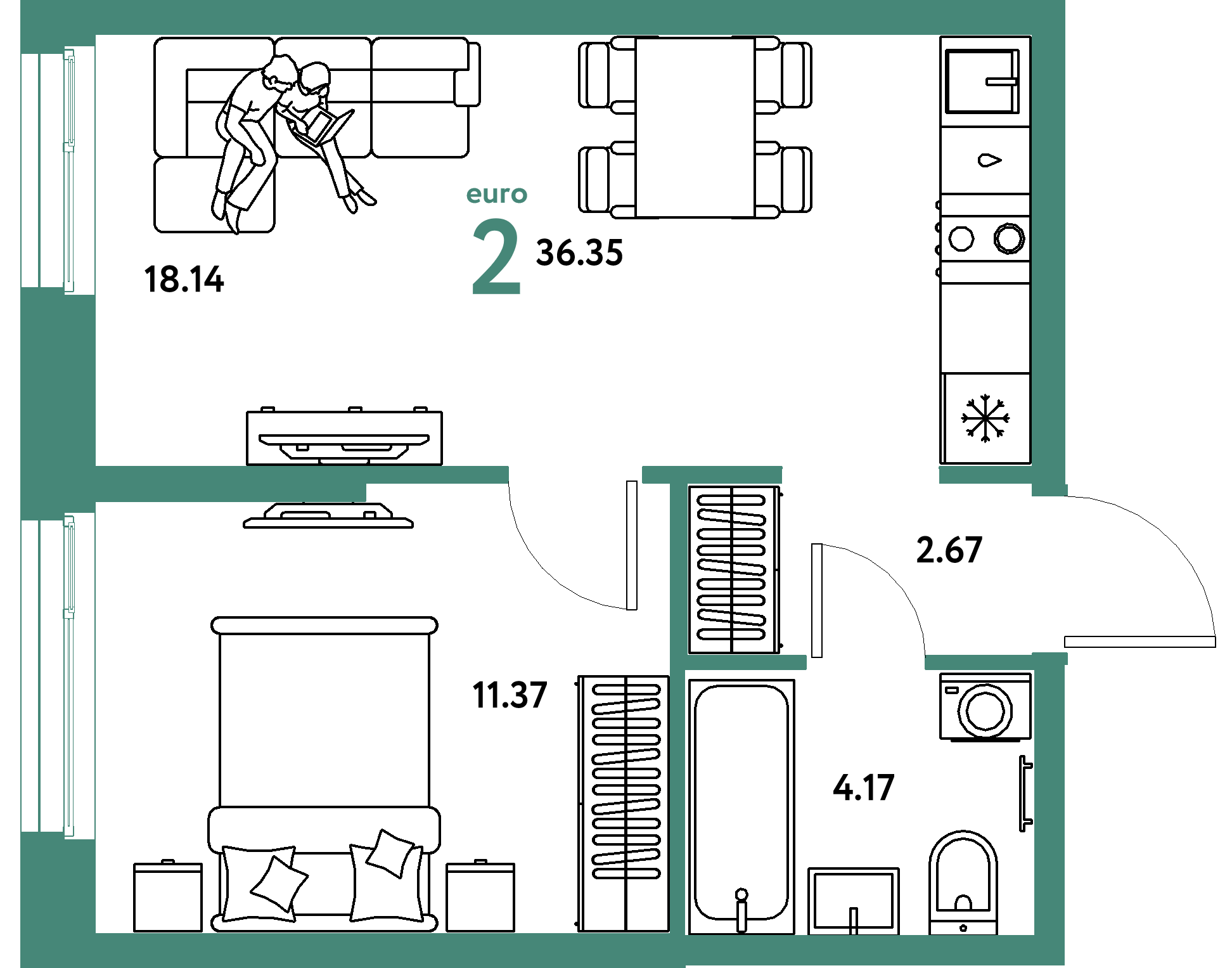 Планировка: Евродвушка 36,35 м² в ЖК «Европейский берег 2.0»