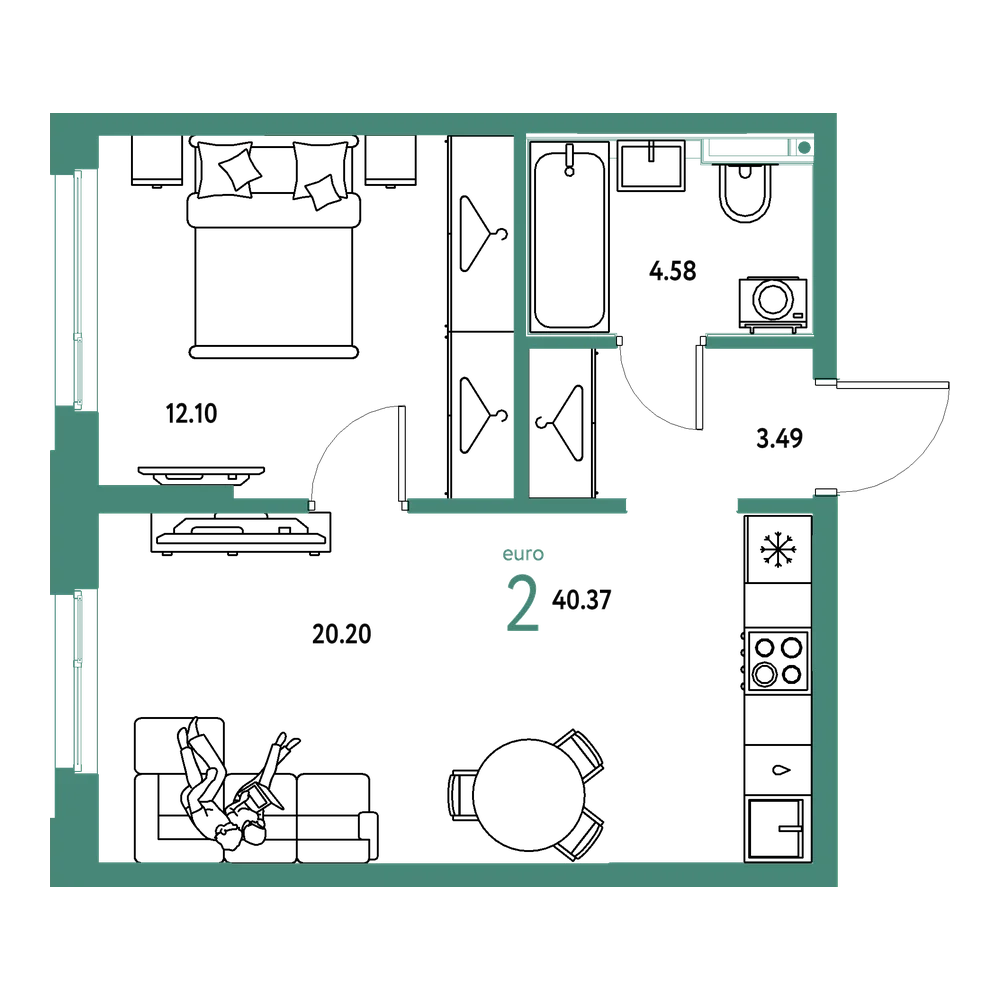 Планировка: Евродвушка 40,37 м²