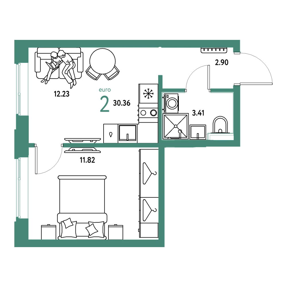 Планировка: Евродвушка 30,36 м²