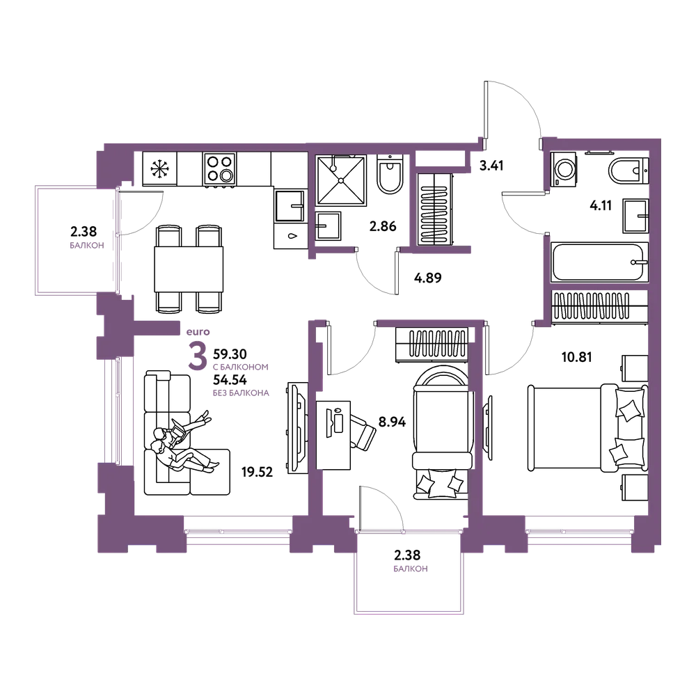 Планировка: Евротрёшка 59,3 м²