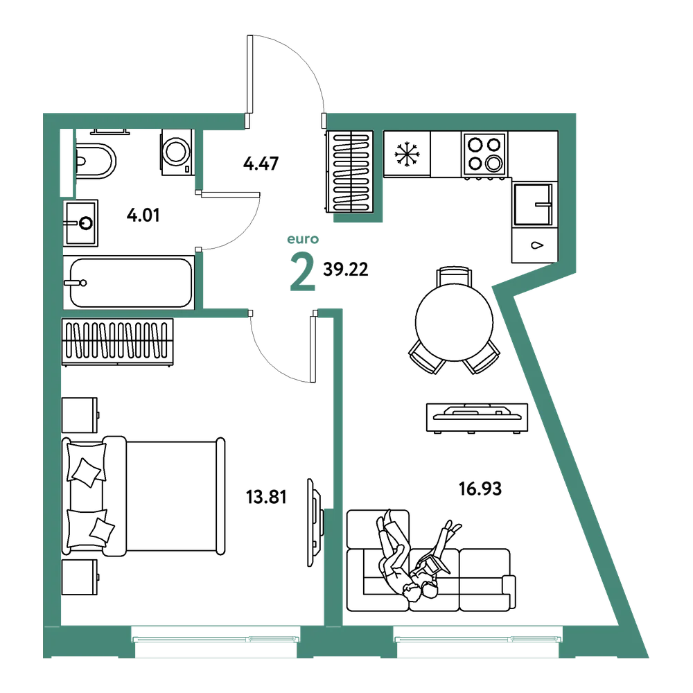 Планировка: Евродвушка 39,31 м²