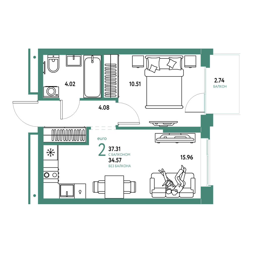 Планировка: Евродвушка 37,31 м²