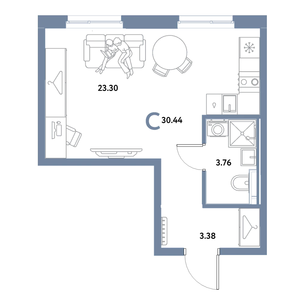 Планировка: Студия 30,44 м²