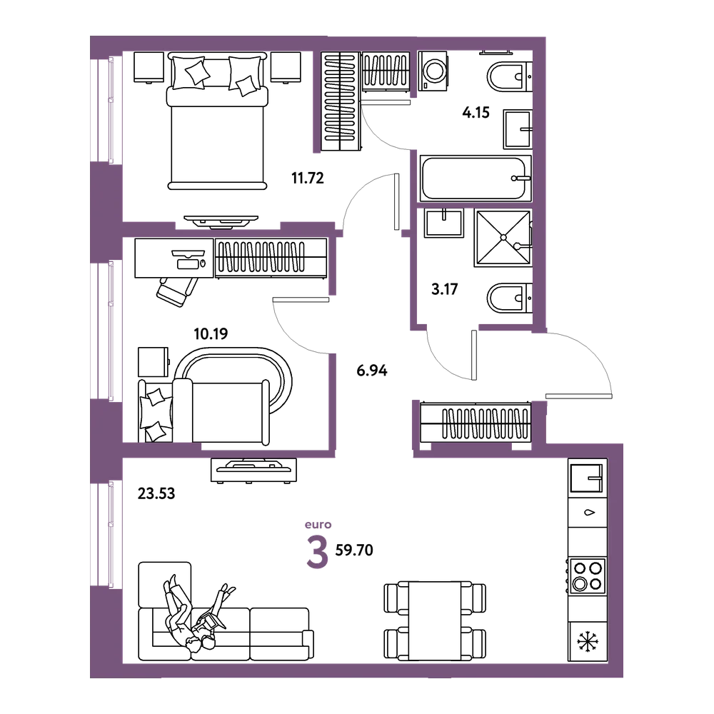 Планировка: Евротрёшка 59,7 м²