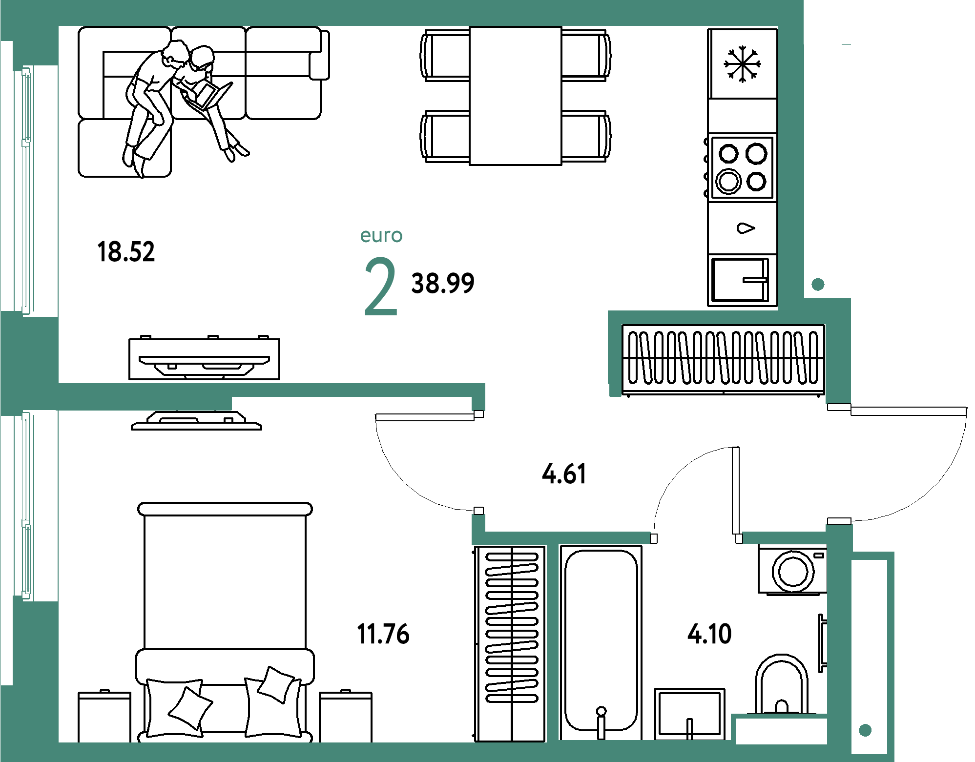 Планировка: Евродвушка 38,99 м² в ЖК «Авторский»