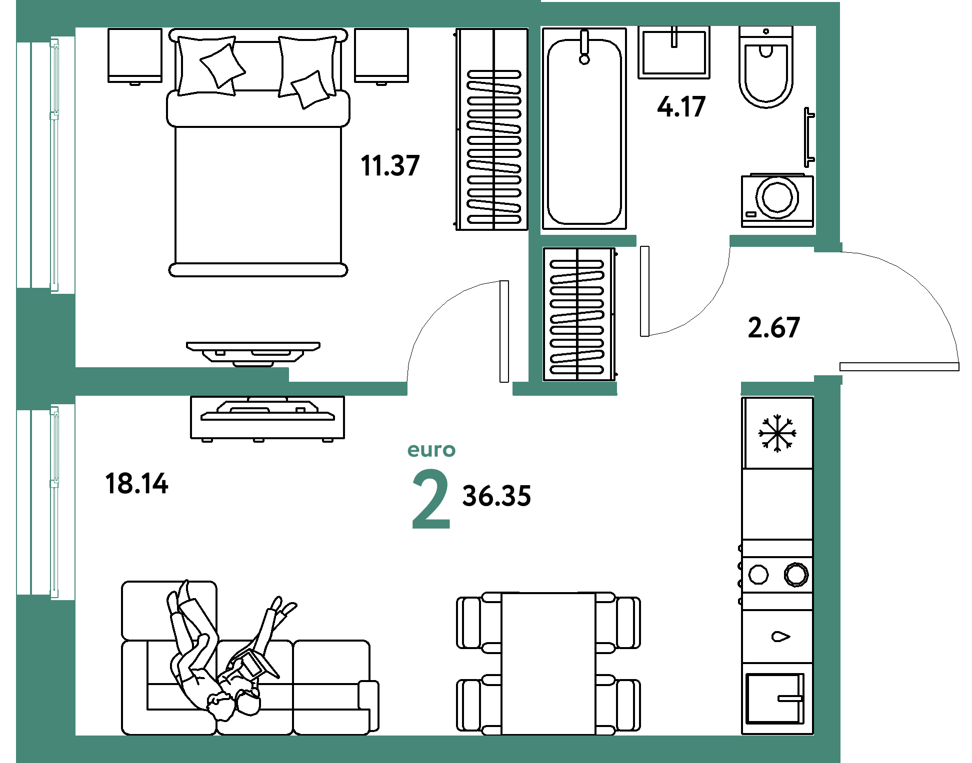 Планировка: Евродвушка 36,35 м² в ЖК «Европейский берег 2.0»