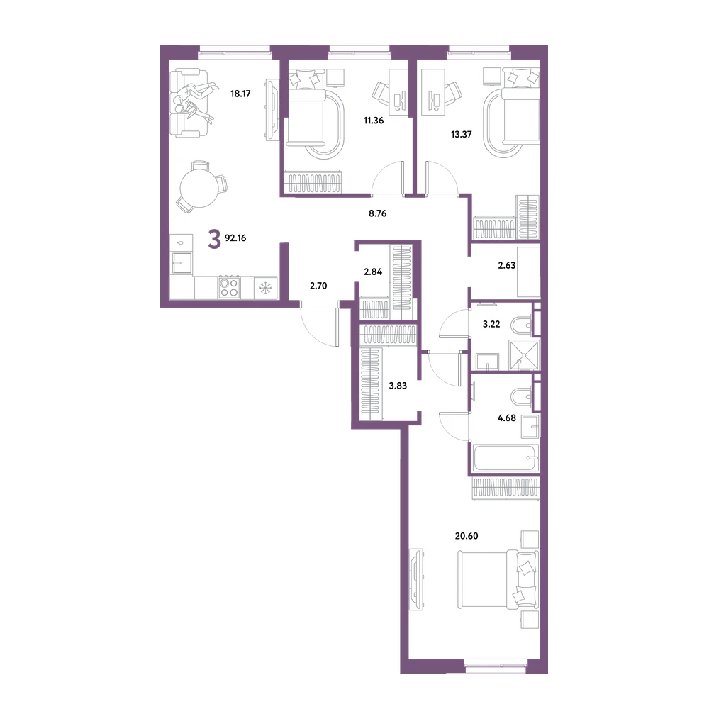 Планировка: 3-комнатная 92,16 м²