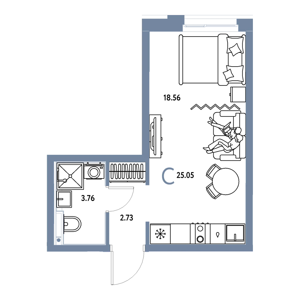 Планировка: Студия 25,05 м²