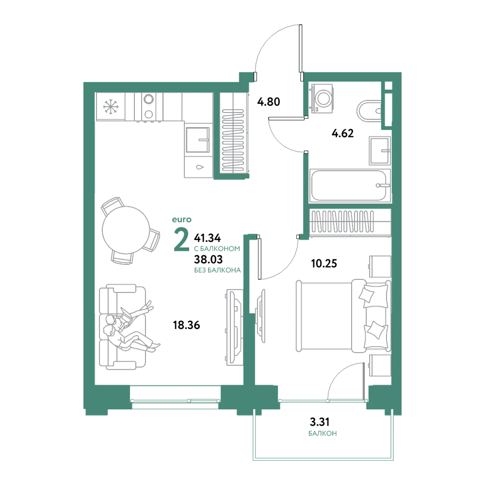 Планировка: Евродвушка 41,34 м²