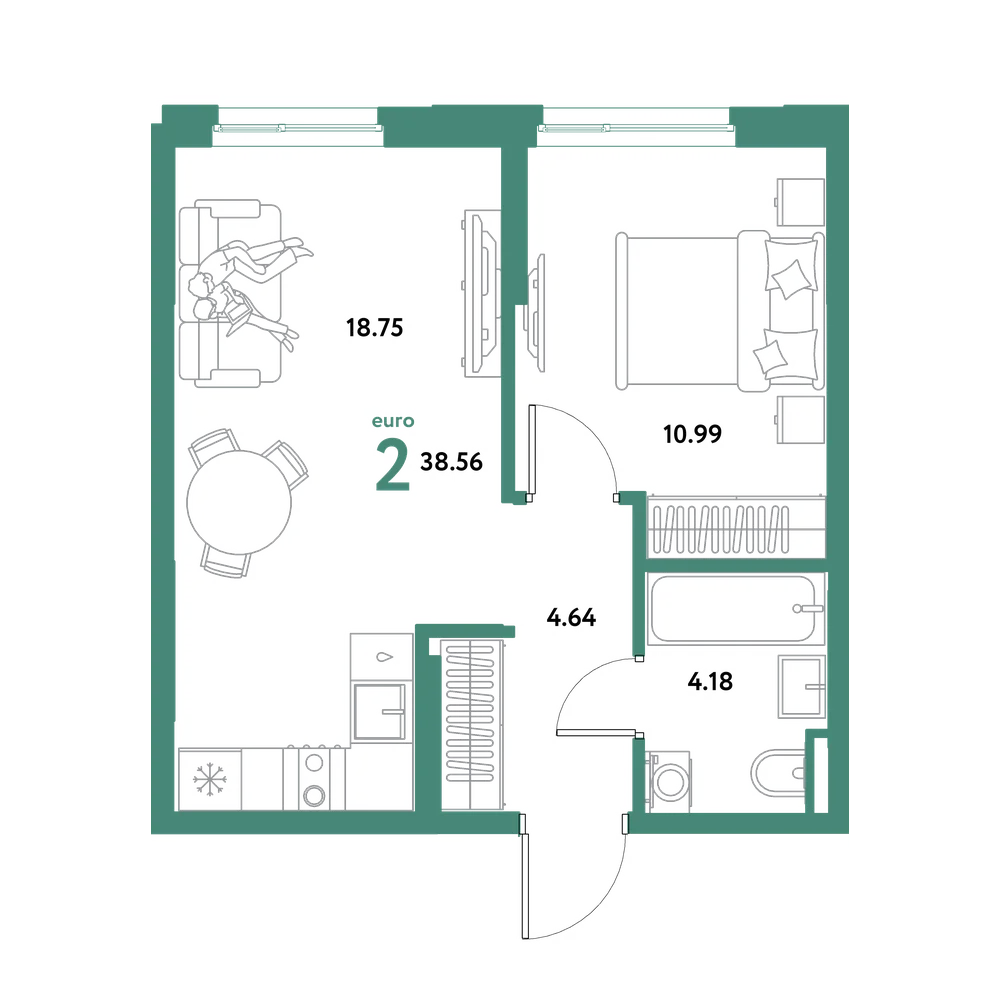 Планировка: Евродвушка 38,56 м²