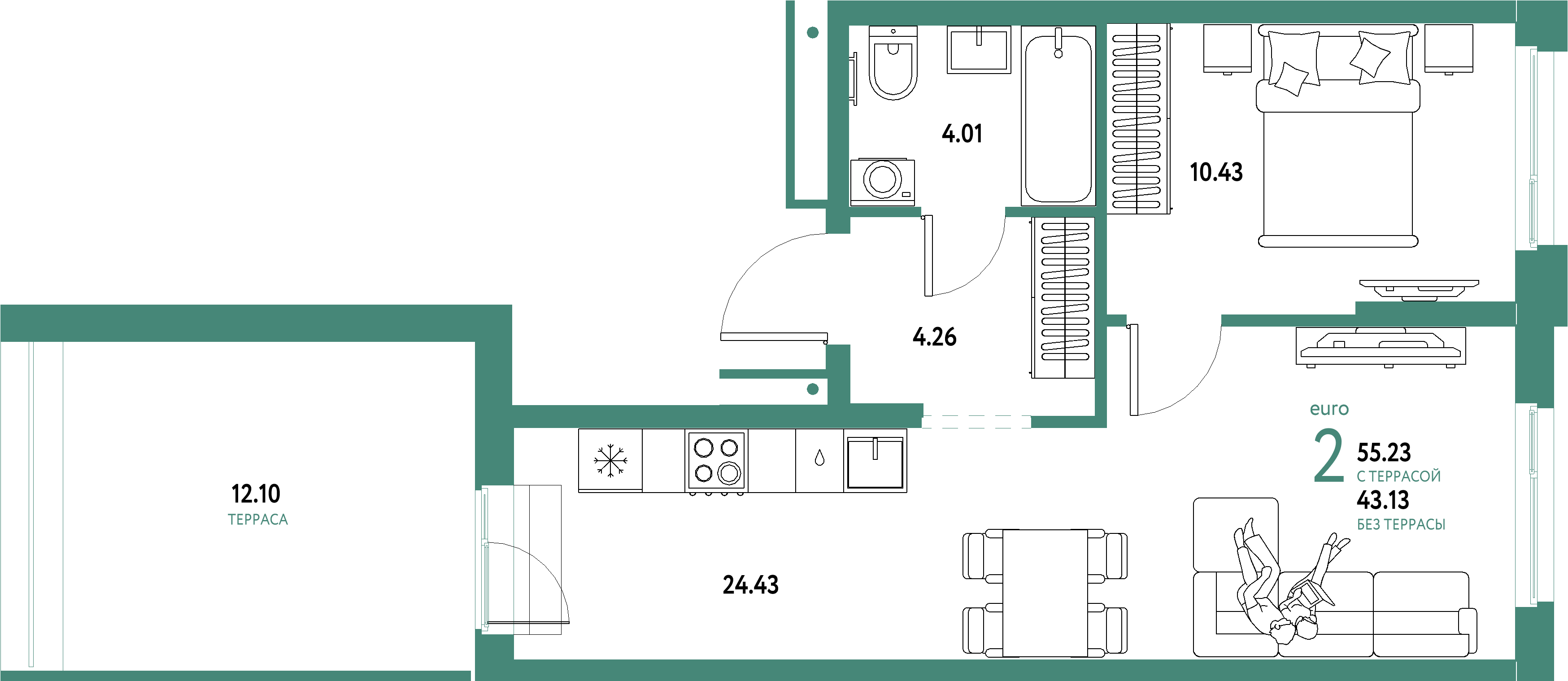Планировка: Евродвушка 55,23 м² в ЖК «Домашний»