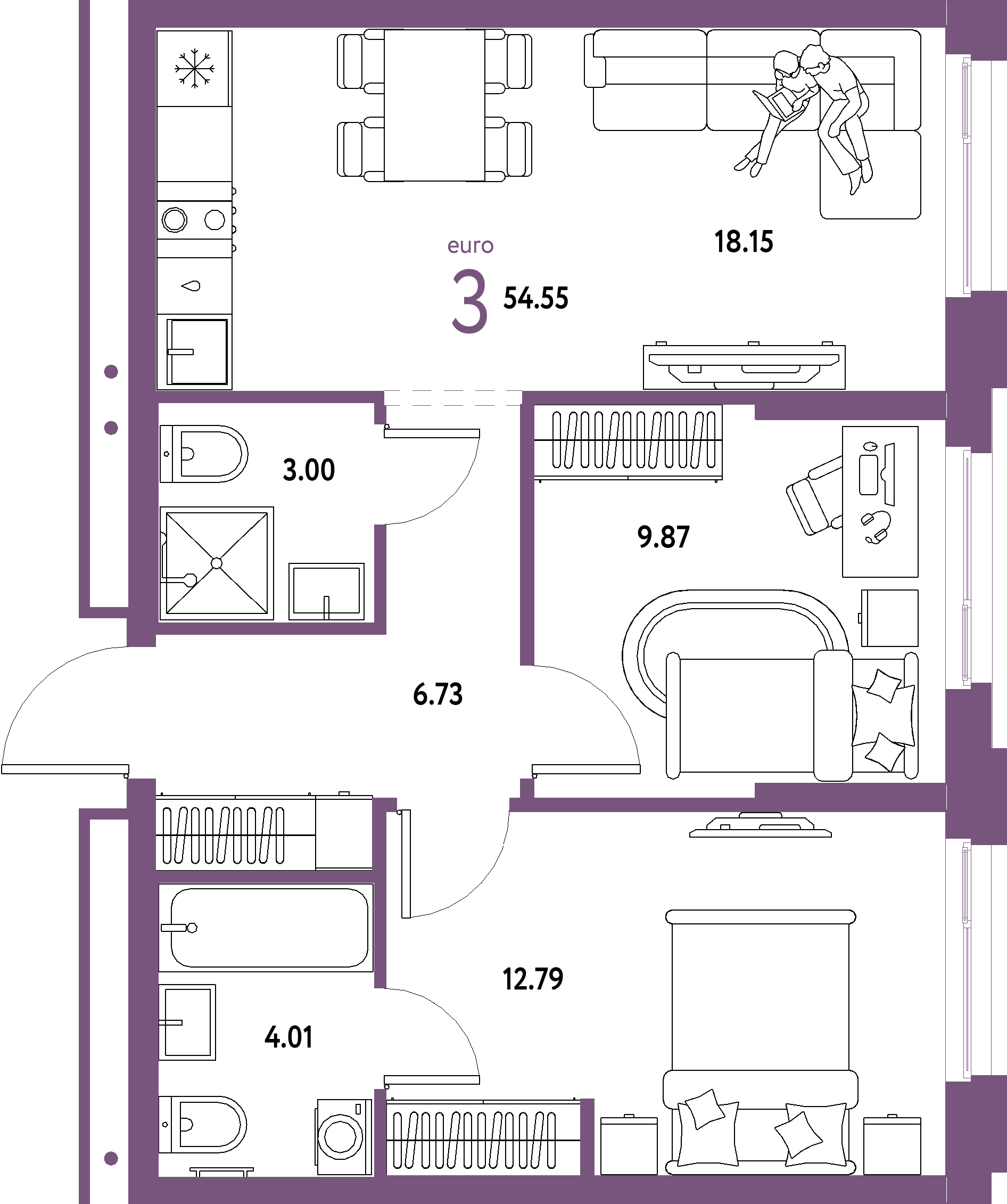 Планировка: Евротрёшка 54,55 м² в ЖК «Домашний»
