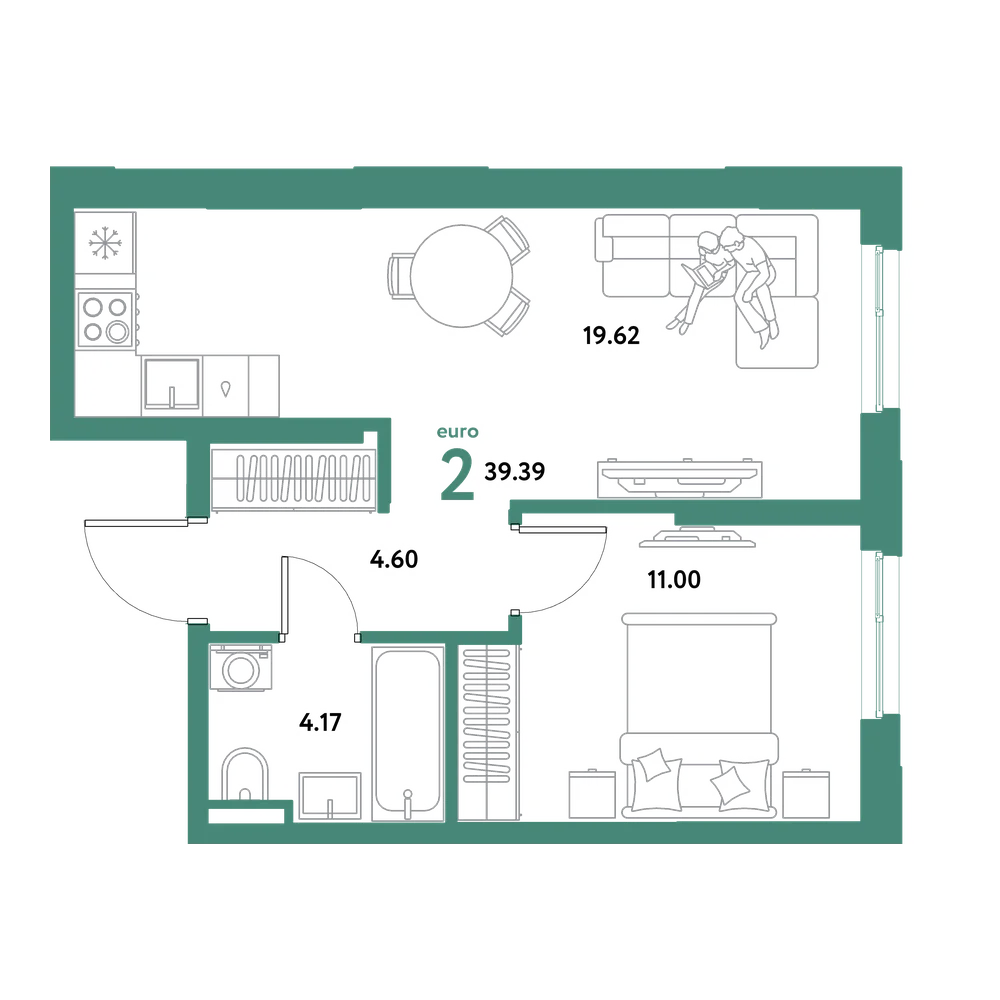 Планировка: Евродвушка 39,39 м²