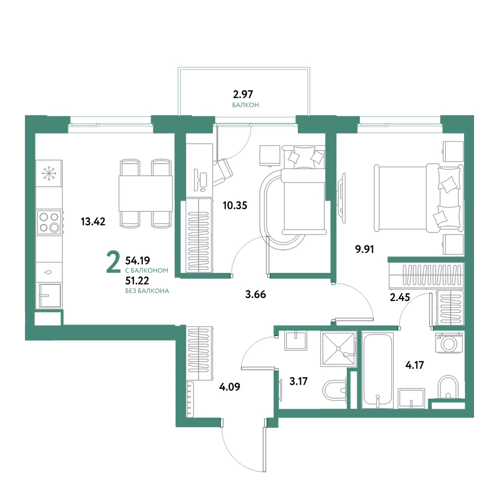 Планировка: 2-комнатная 54,19 м²