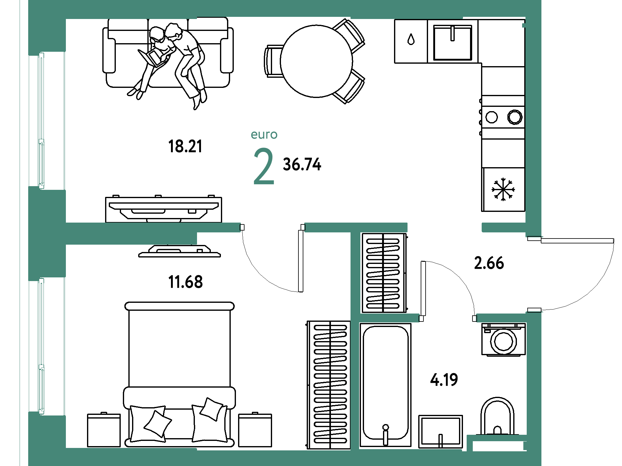 Планировка: Евродвушка 36,74 м² в ЖК «Остров-сад»