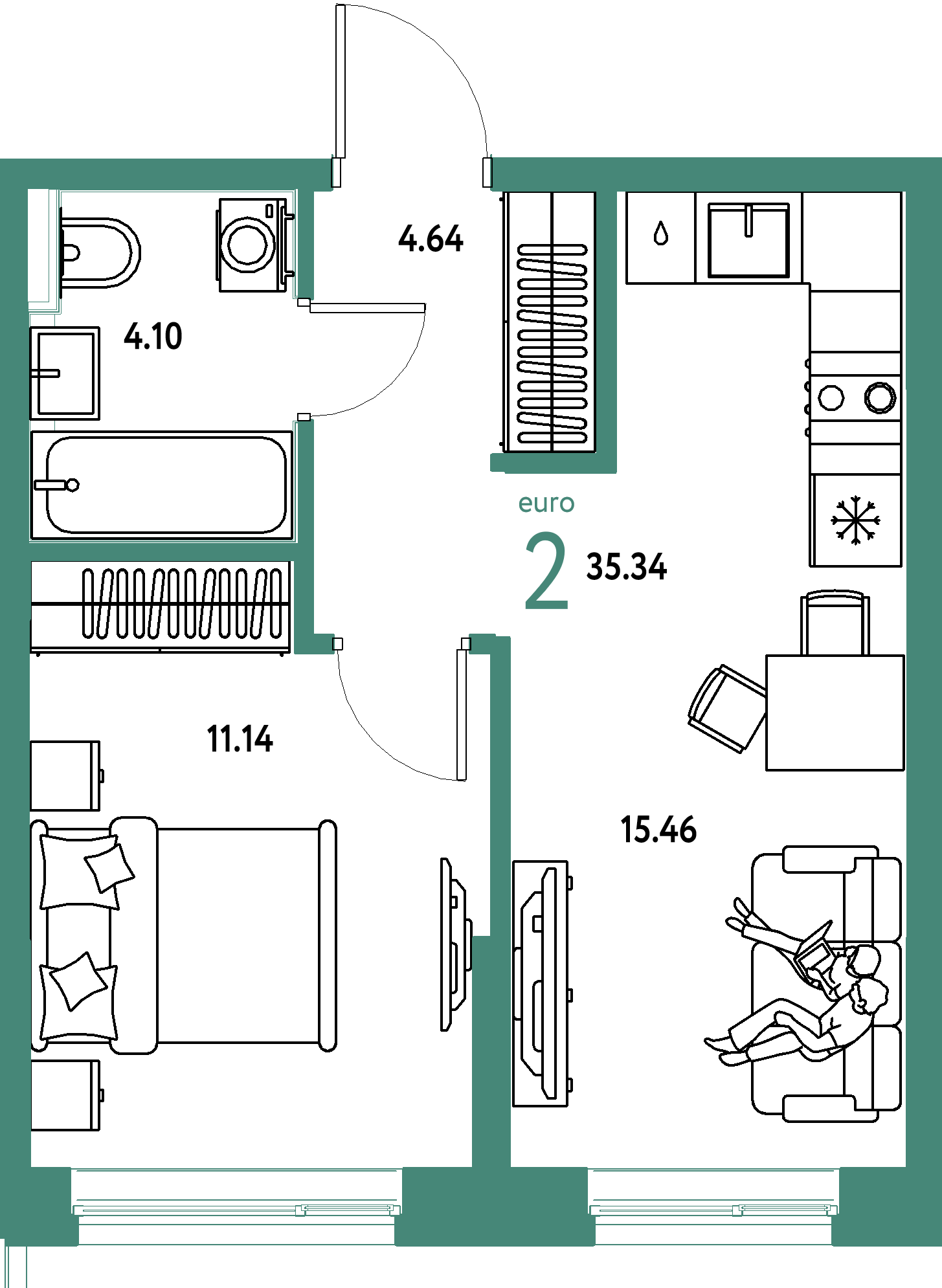 Планировка: Евродвушка 35,41 м² в ЖК «Остров-сад»