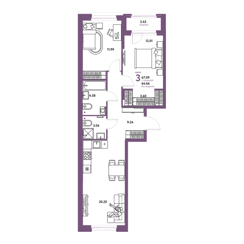 Планировка: Евротрёшка 67,09 м²