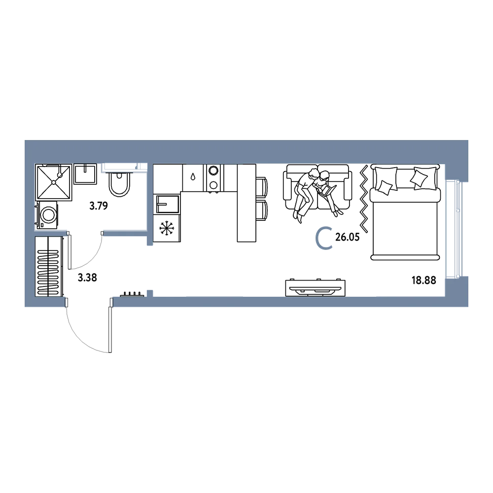 Планировка: Студия 26,05 м²