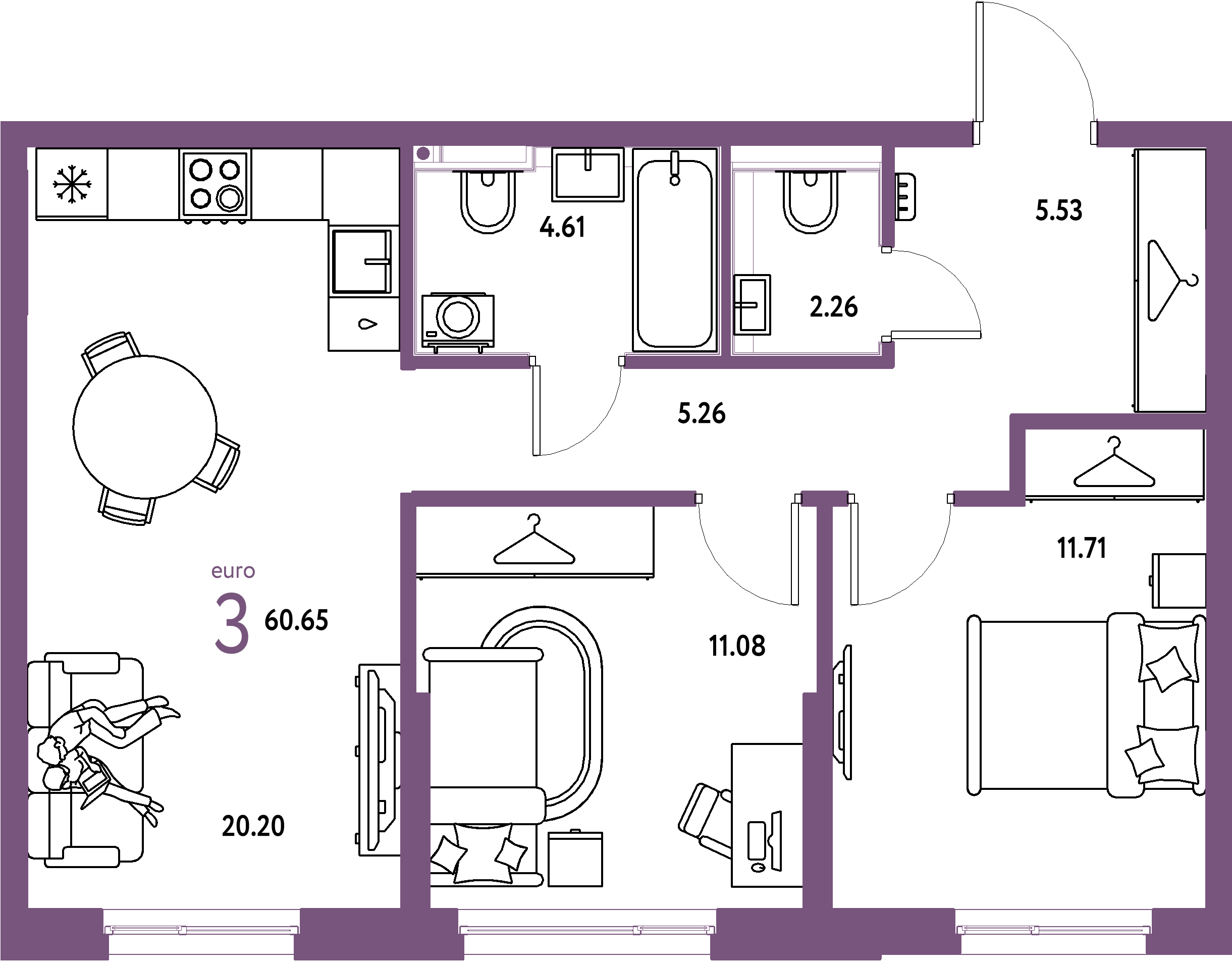 Планировка: Евротрёшка 60,65 м² в ЖК «Страна.Прибрежная»
