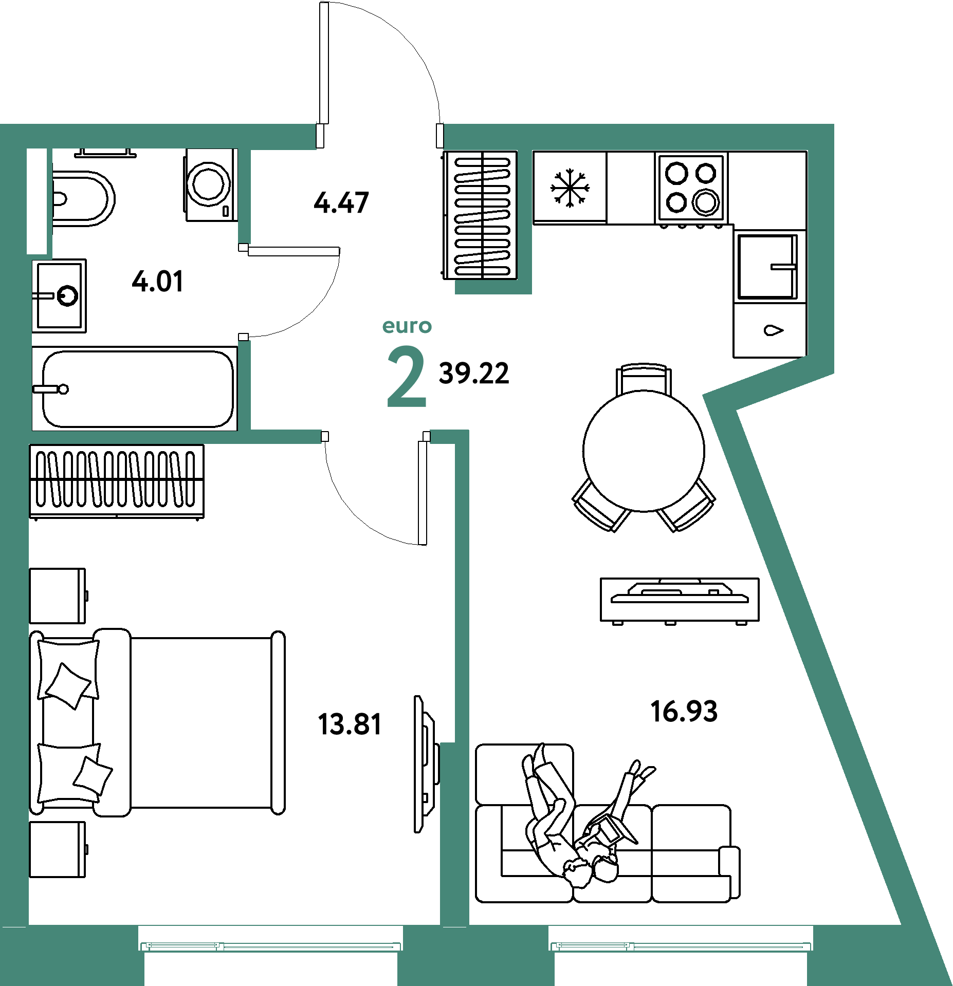 Планировка: Евродвушка 39,31 м² в ЖК «Авторский»