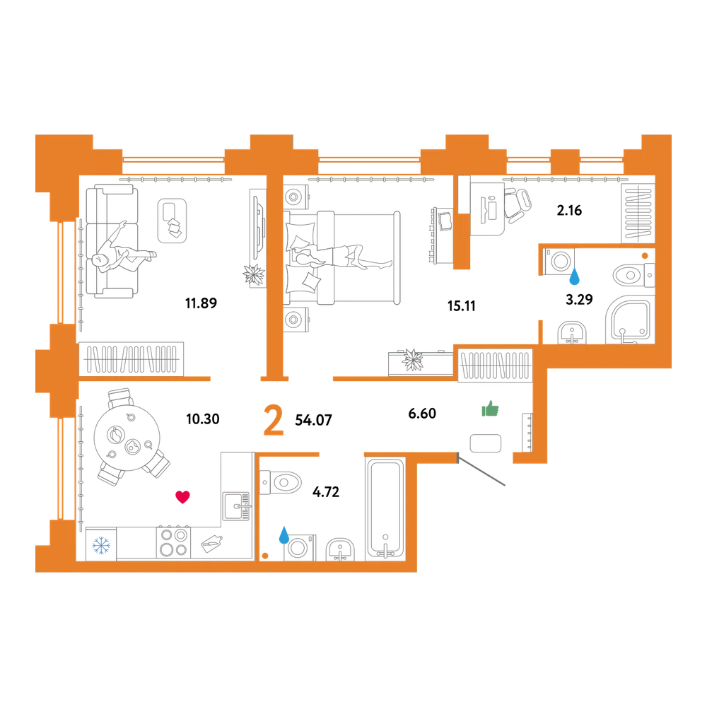 Планировка: 2-комнатная 54,07 м²