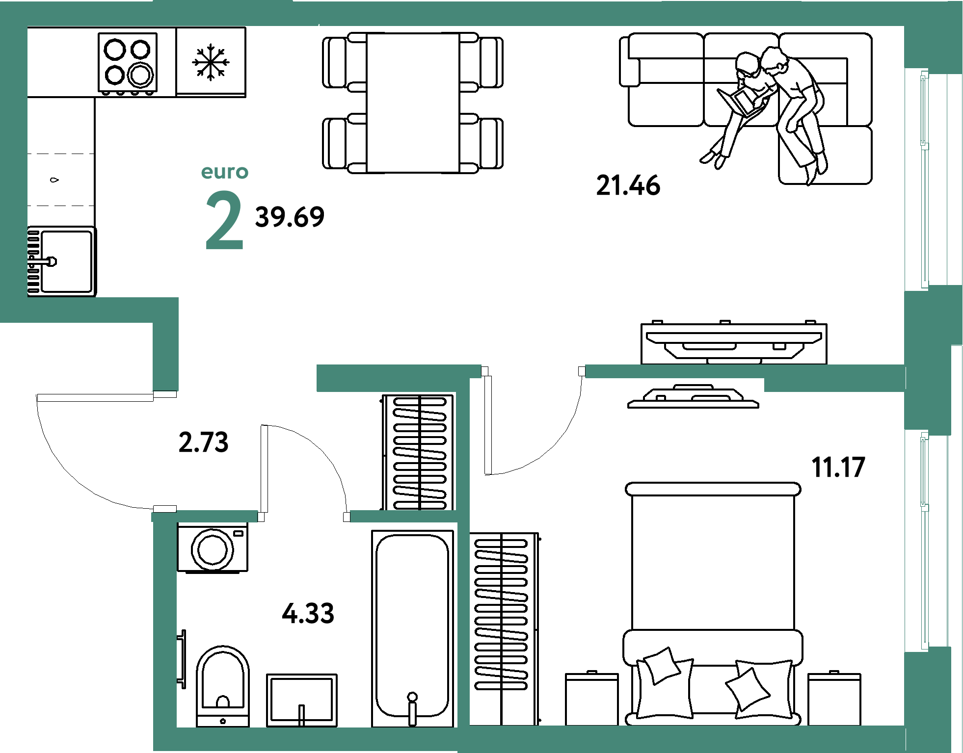 Планировка: Евродвушка 39,69 м² в ЖК «Европейский берег 2.0»