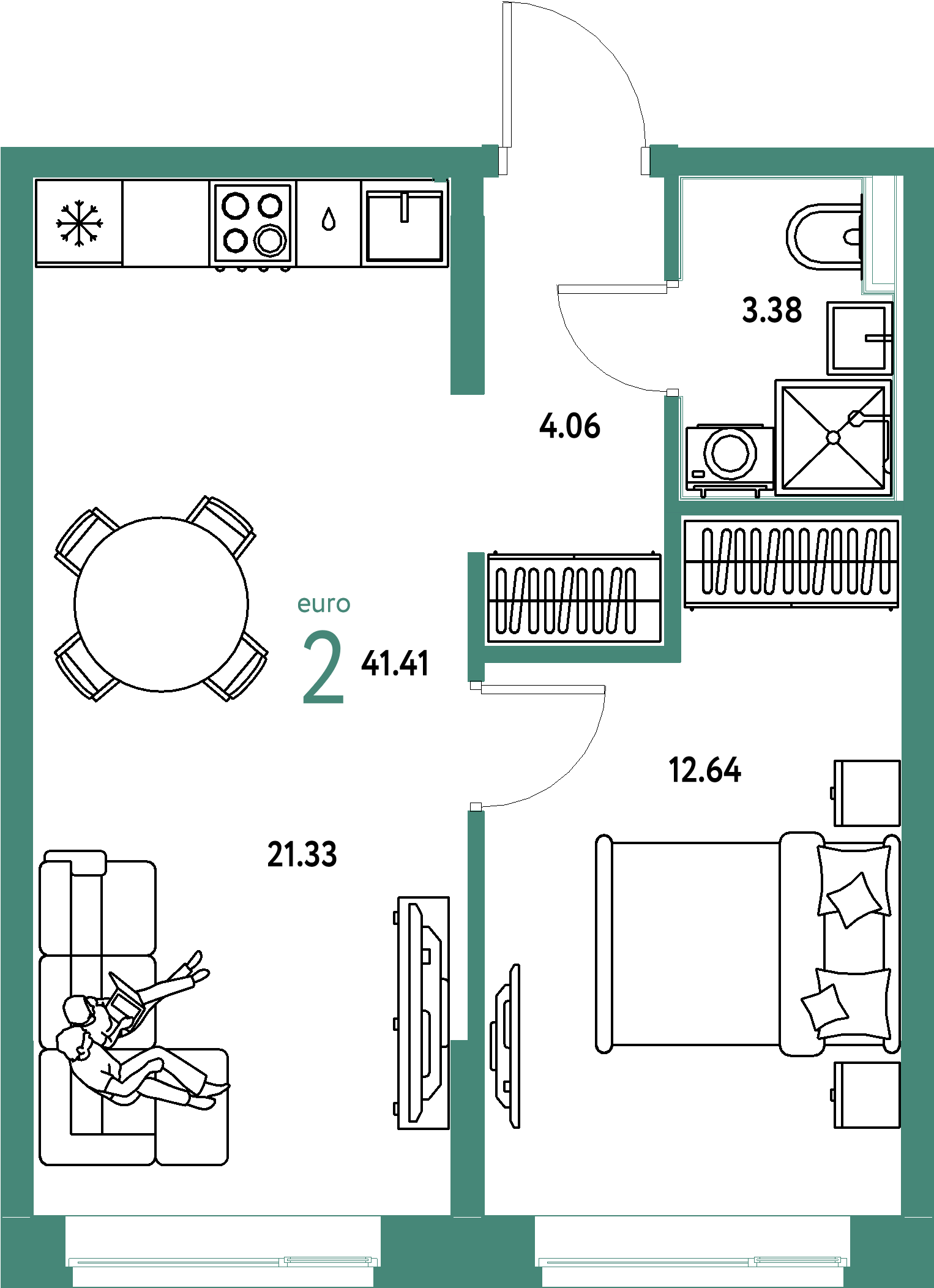 Планировка: Евродвушка 41,41 м² в ЖК «Домашний»