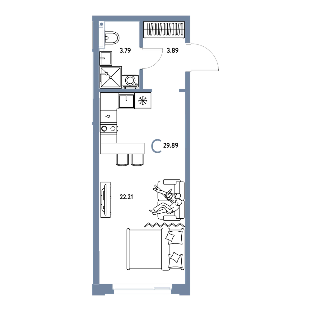 Планировка: Студия 29,89 м²