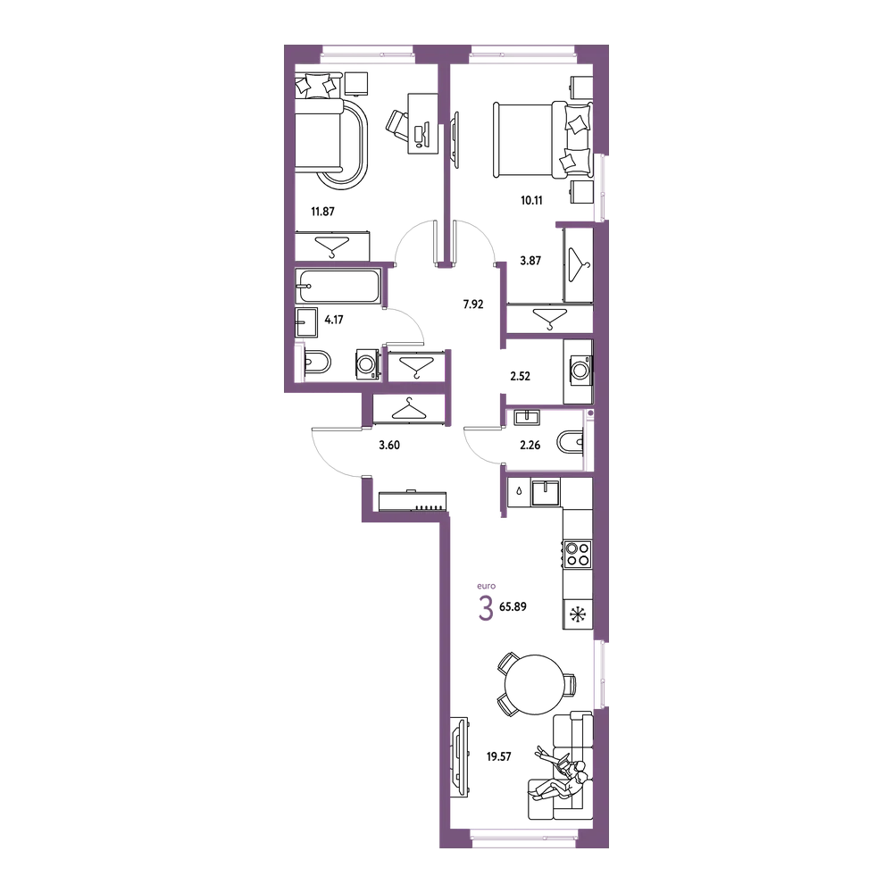 Планировка: Евротрёшка 65,89 м²