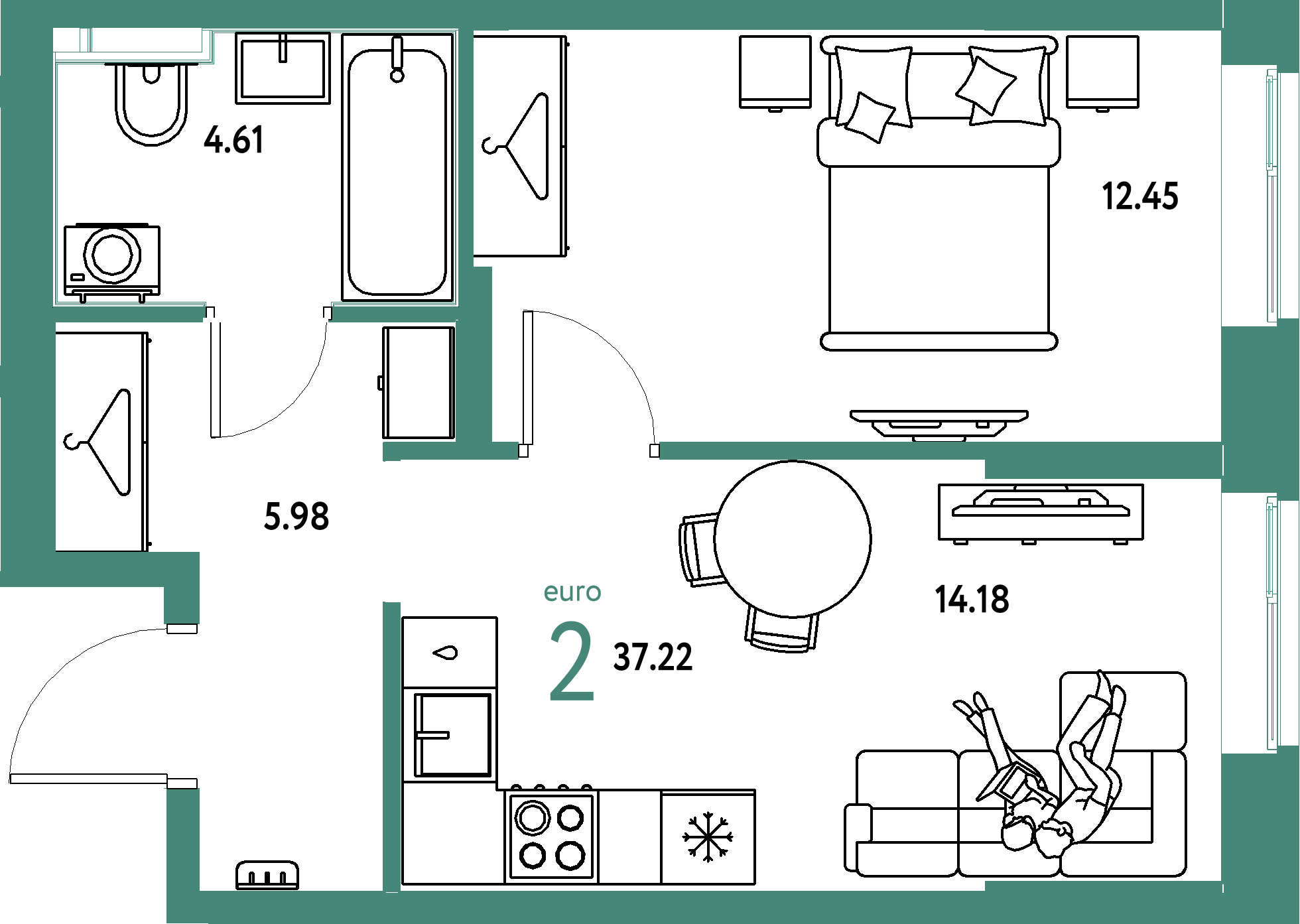 Планировка: Евродвушка 37,22 м² в ЖК «Европейский берег 2.0»