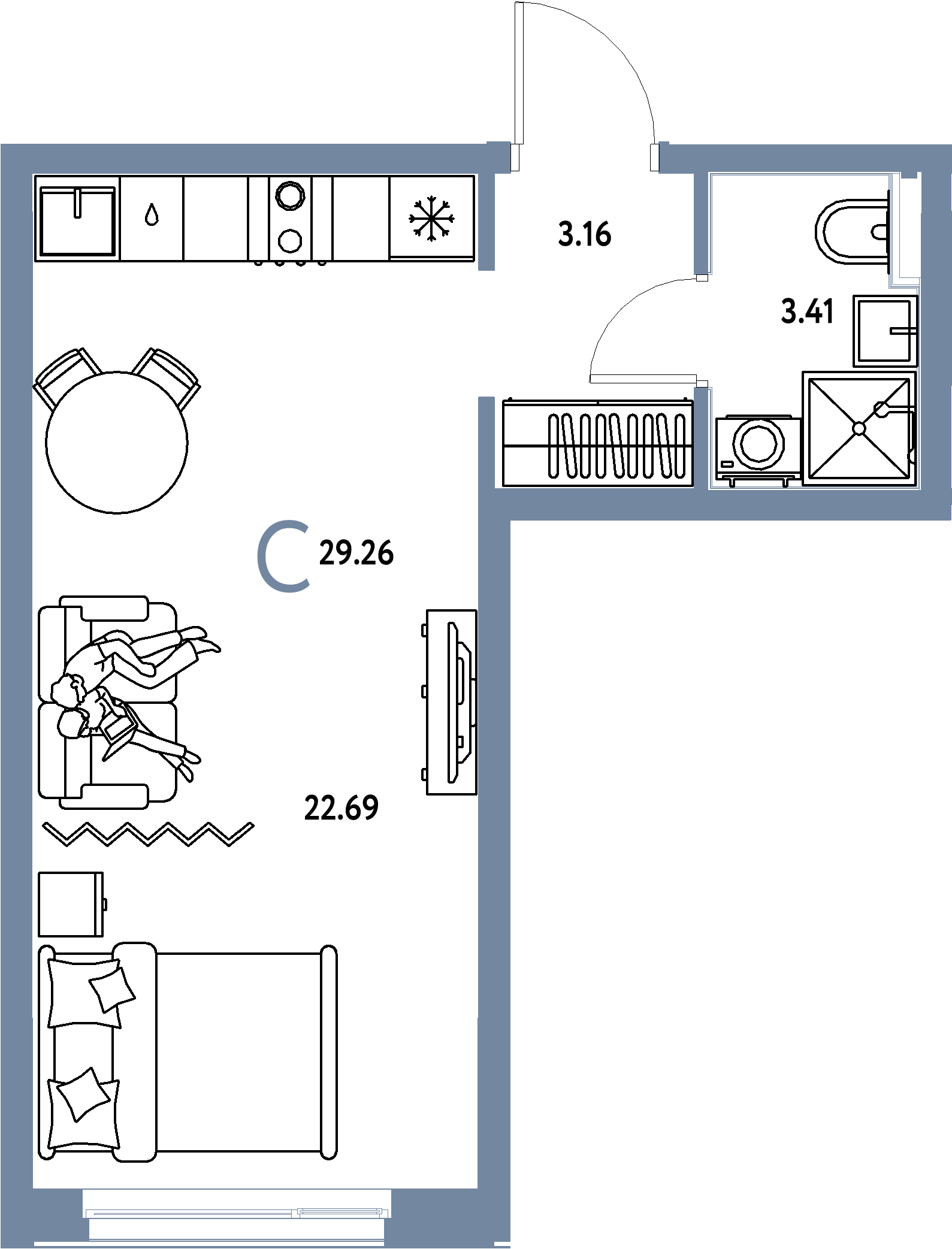Планировка: Студия 29,26 м² в ЖК «Домашний»